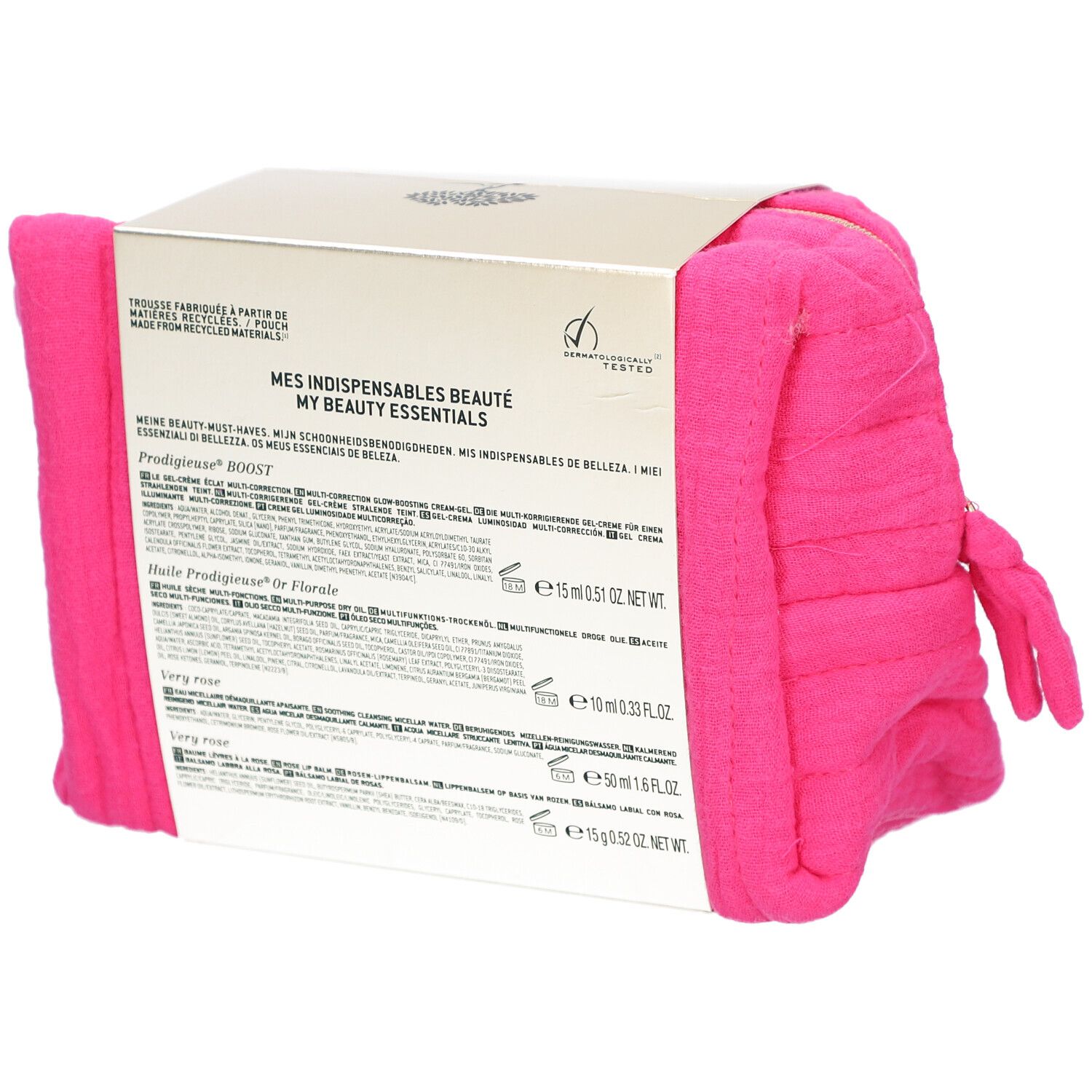 Rückseite der Verpackung mit Produktinformationen. Pinkfarbene Kosmetiktasche. Text in mehreren Sprachen.