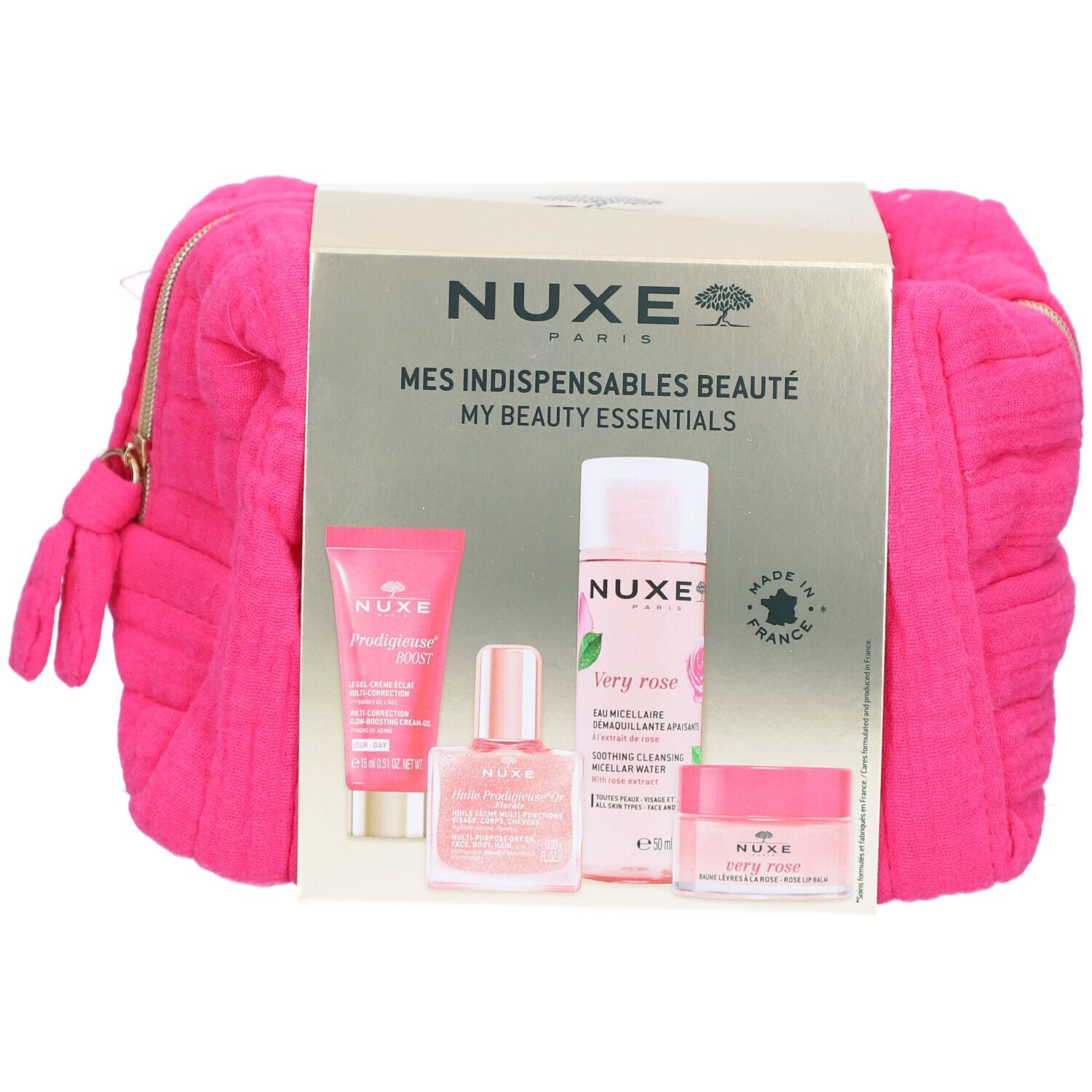 Pinkfarbene Kosmetiktasche mit NUXE-Produkten. Goldfarbene Verpackung mit Schriftzug. Produkte: Creme, Serum, Mizellenwasser.