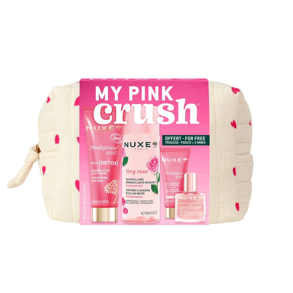 Trousse avec produits. Inscription "MY PINK CRUSH". Contient tubes et flacons. Coeurs roses sur tissu beige.