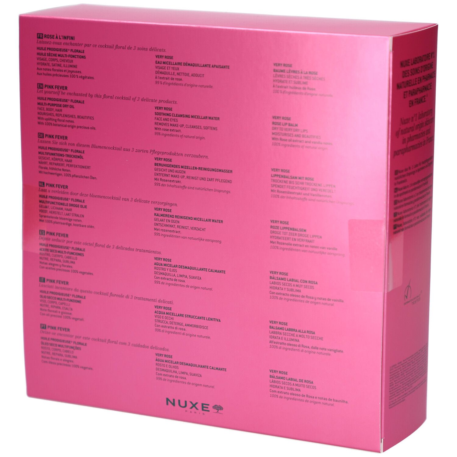 Rückseite der pinken Geschenkbox mit Text in mehreren Sprachen. NUXE-Logo. Produktnamen und Inhaltsstoffe.