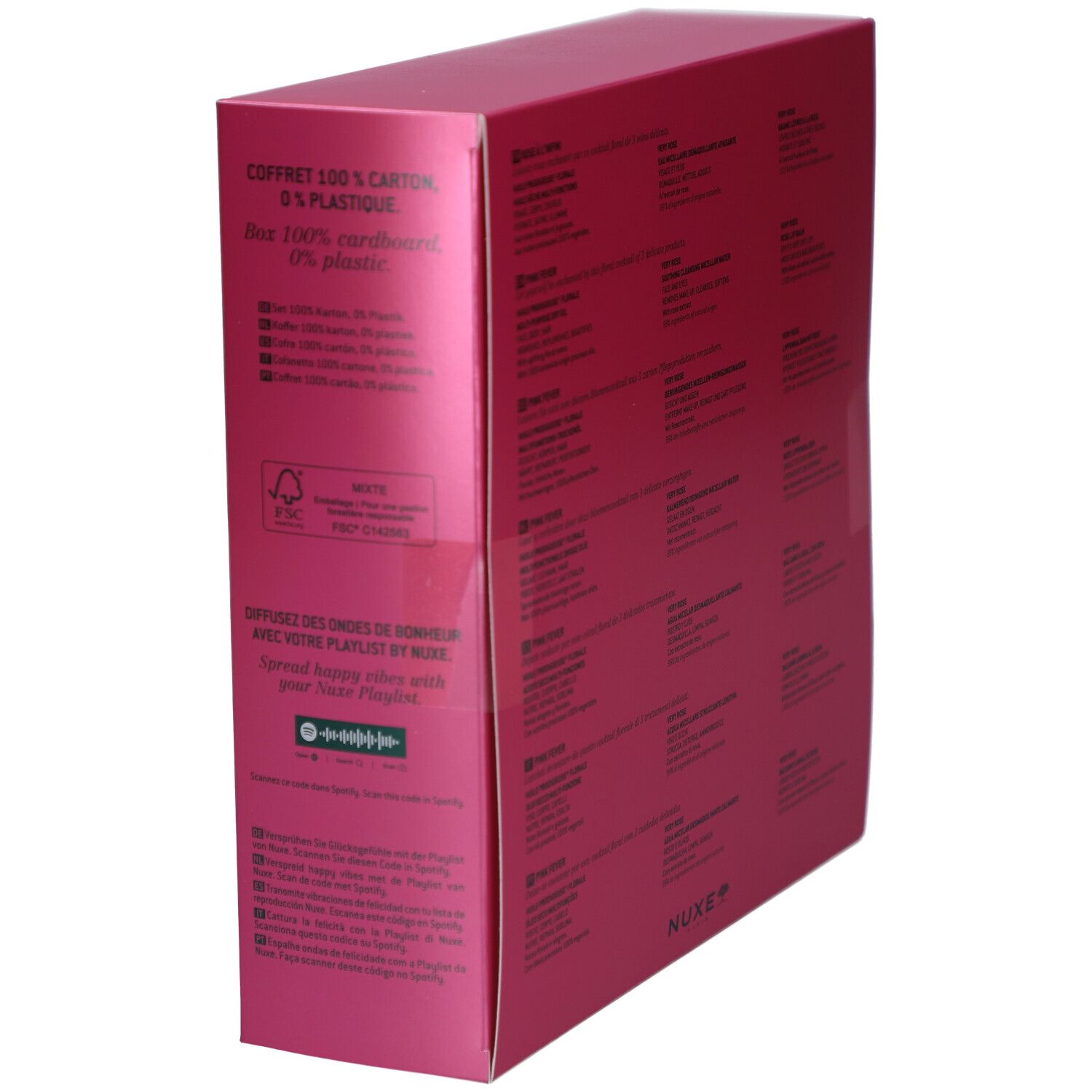 Pinke Geschenkbox mit Text. FSC-Logo. Text über Recycling. NUXE-Logo. Made in France.