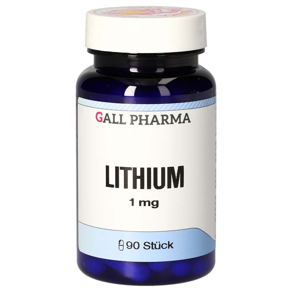 Flacon bleu foncé avec bouchon blanc. Inscription : GALL PHARMA, LITHIUM 1 mg, 90 pièces.