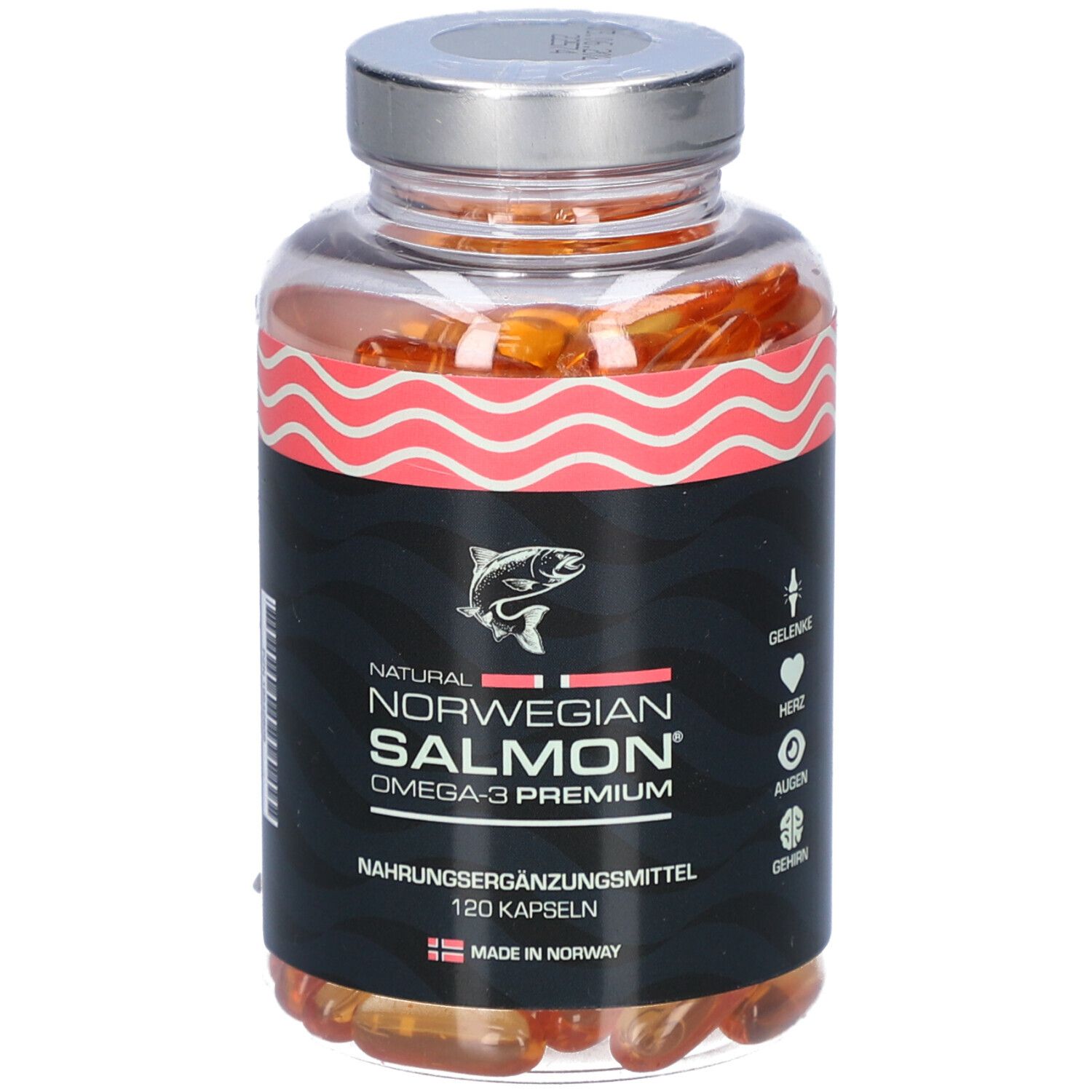 Klare Plastikflasche mit Kapseln. Schwarzes Etikett mit "NATURAL NORWEGIAN SALMON OMEGA-3 PREMIUM". 120 Kapseln. Made in Norway.