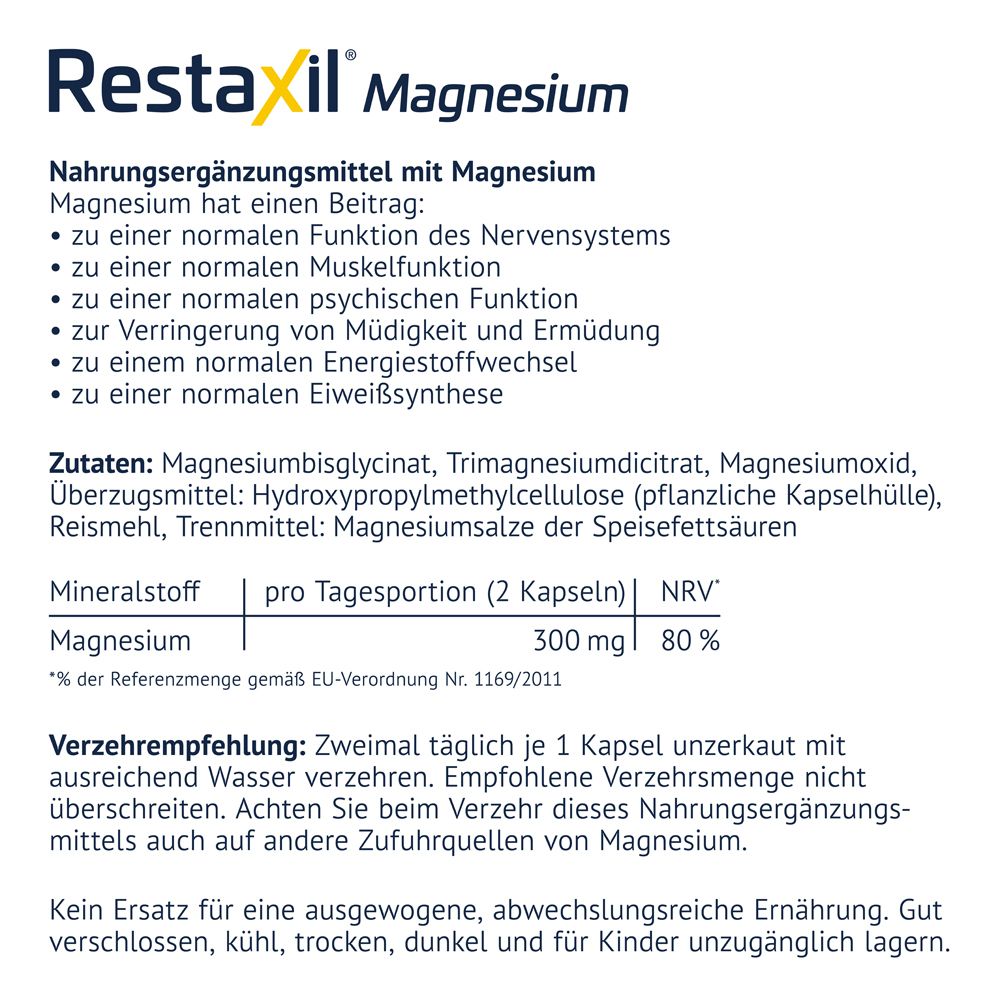 Restaxil Magnesium Kapseln: Braune Flasche mit Etikett. Nährwertangaben: 300 mg Magnesium pro Tagesportion (2 Kapseln). 60 Kapseln.