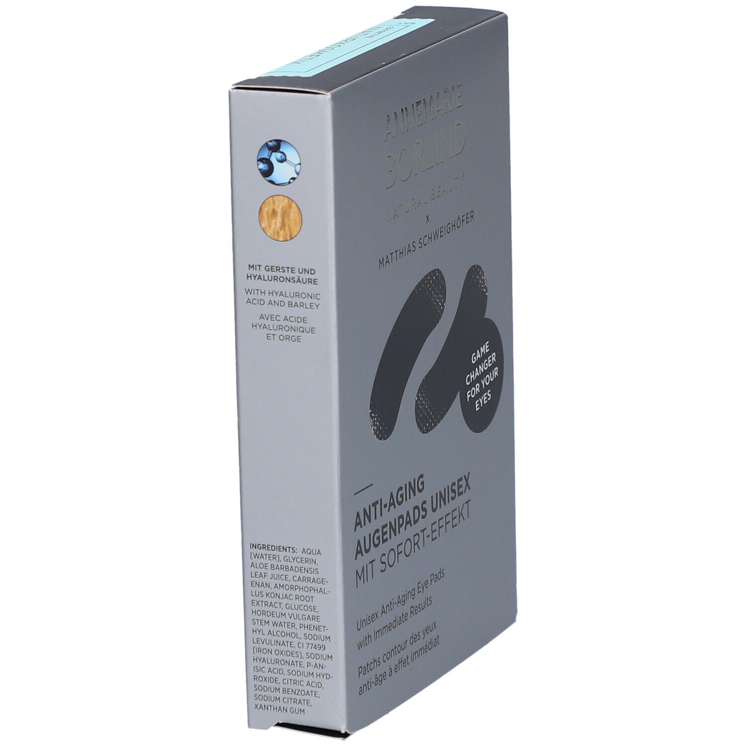 Boîte grise avec patchs pour les yeux. Inscription: ANNEMARIE BÖRLIND, Anti-Aging Augenpads Unisex. Avec effet immédiat. Contient de l'orge et de l'acide hyaluronique.