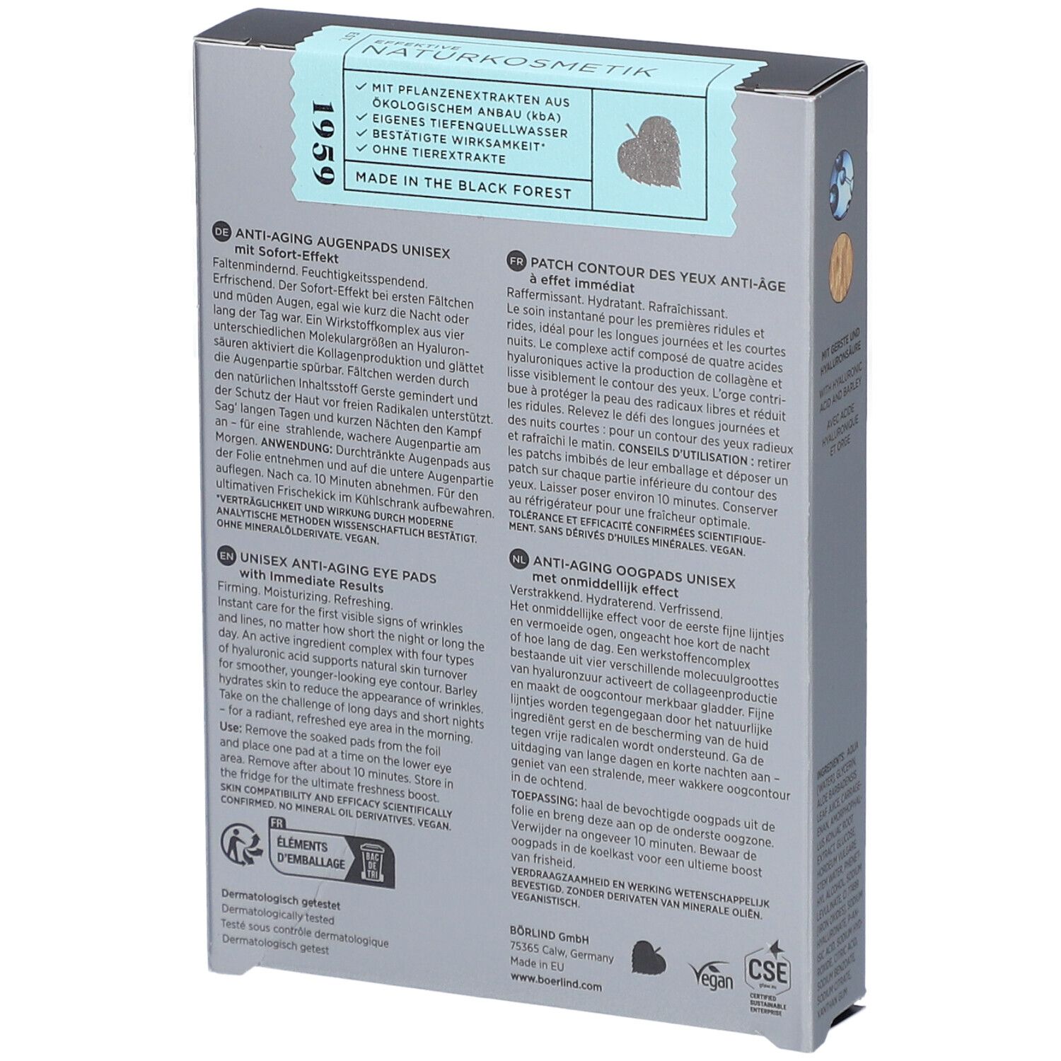 Dos de la boîte grise. Texte: Anti-Aging Augenpads Unisex avec effet immédiat. Avec extraits végétaux. Vegan. Fabriqué dans la Forêt Noire.