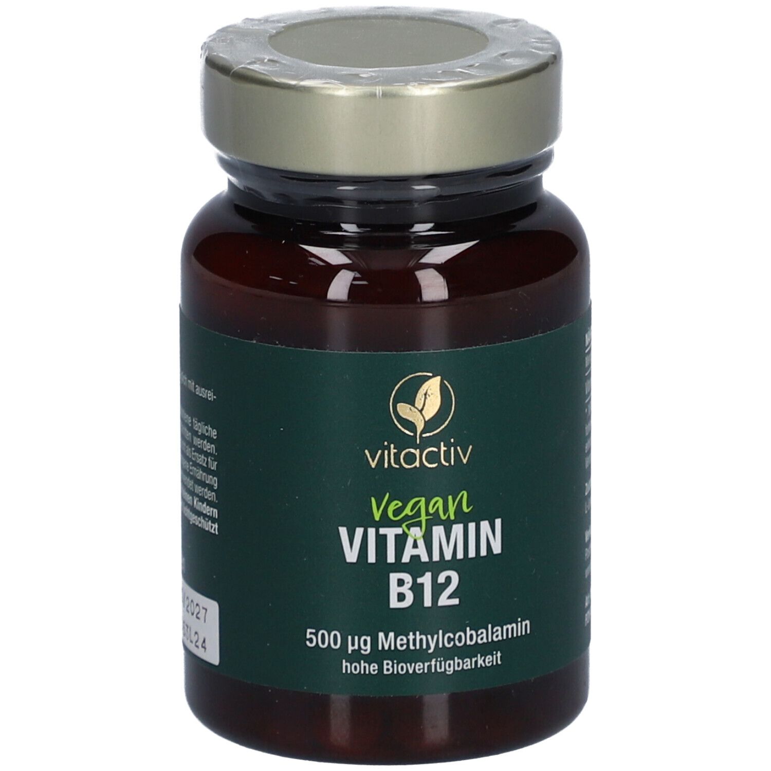 Flacon en verre brun avec étiquette verte. Inscription : Vegan Vitamin B12, 500 µg Methylcobalamin.