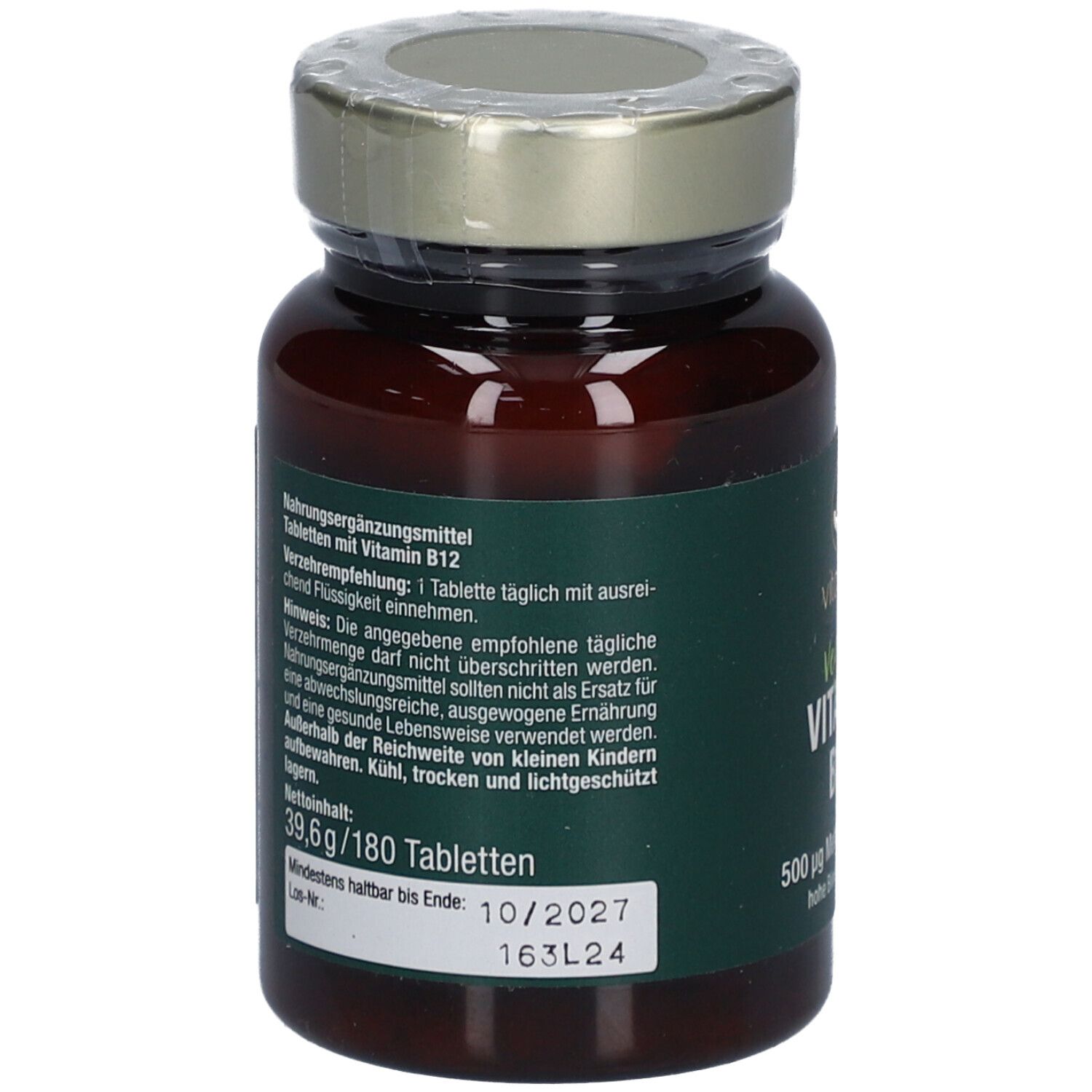Flacon en verre brun avec étiquette verte. Inscription : Vegan Vitamin B12, 500 µg Methylcobalamin.
