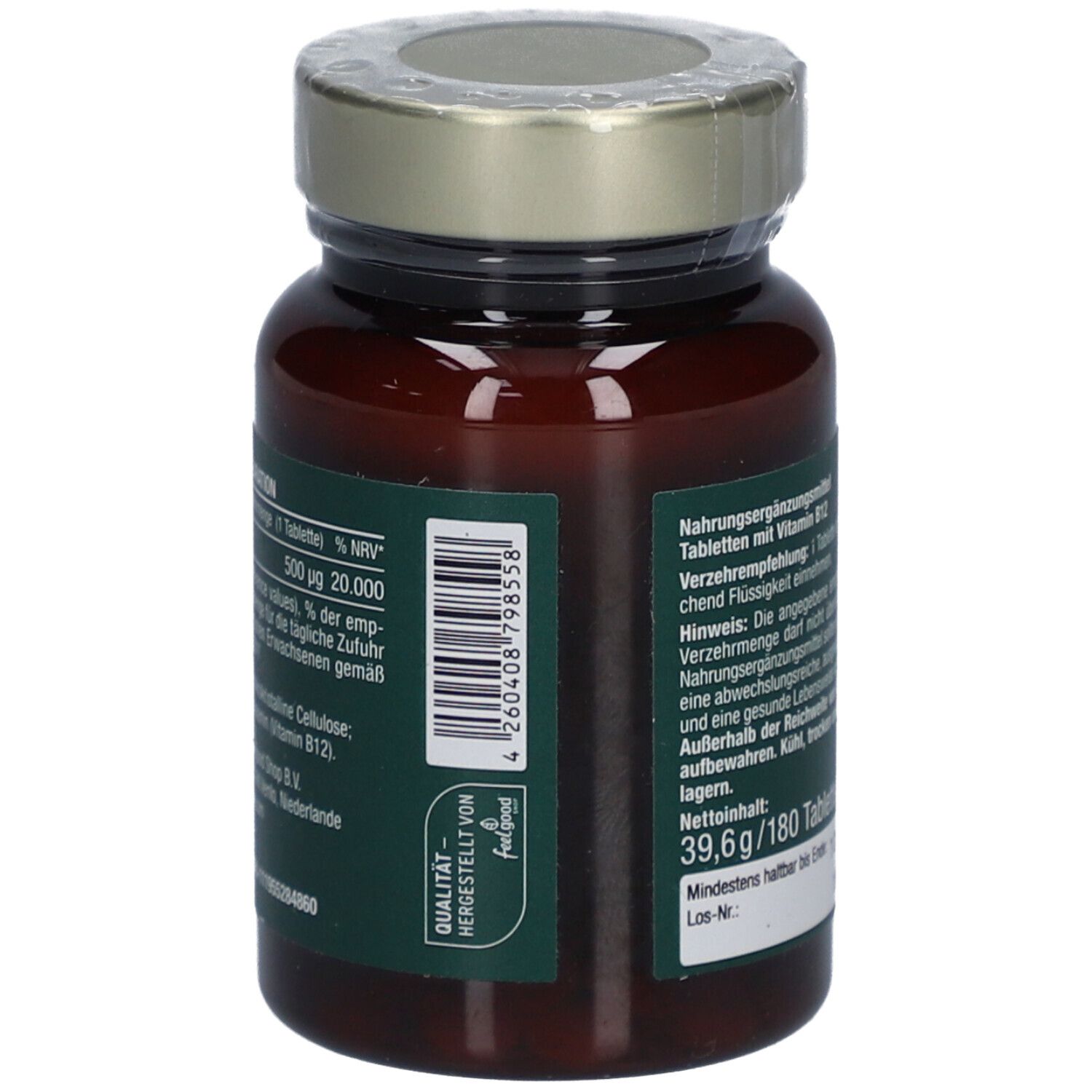 Flacon en verre brun avec étiquette verte. Inscription : Vegan Vitamin B12, 500 µg Methylcobalamin.