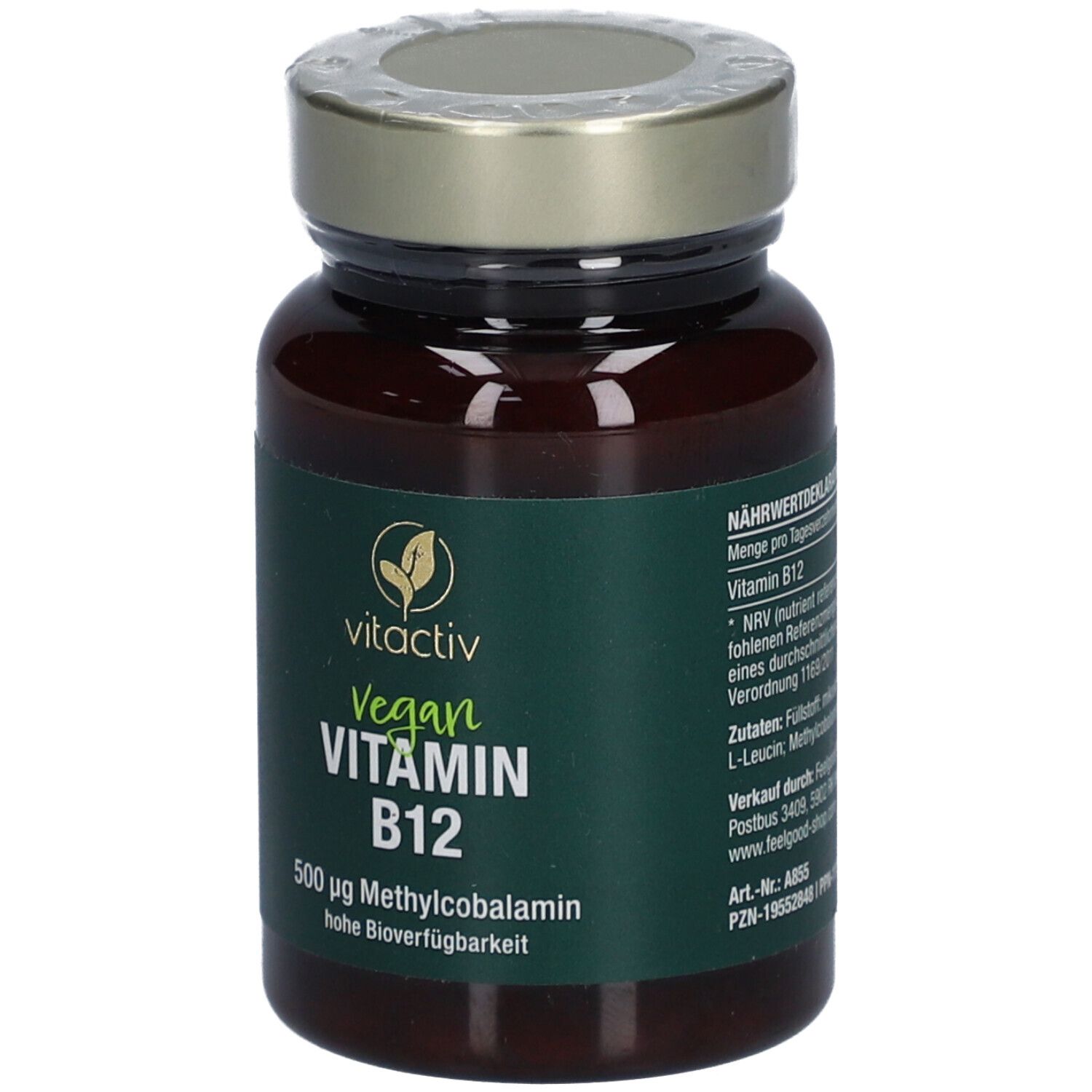 Flacon en verre brun avec étiquette verte. Inscription : Vegan Vitamin B12, 500 µg Methylcobalamin.