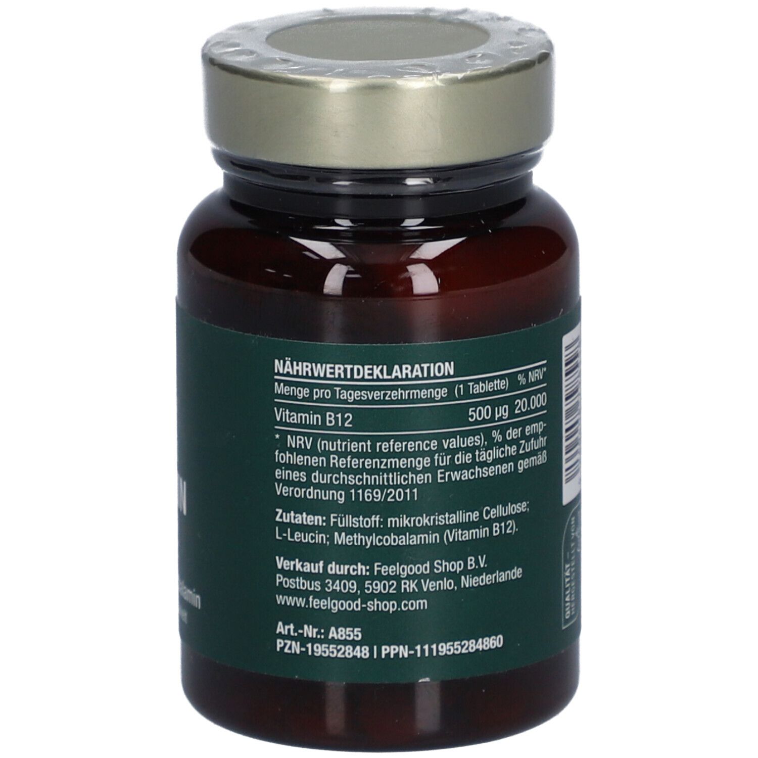 Flacon en verre brun avec étiquette verte. Inscription : Vegan Vitamin B12, 500 µg Methylcobalamin.
