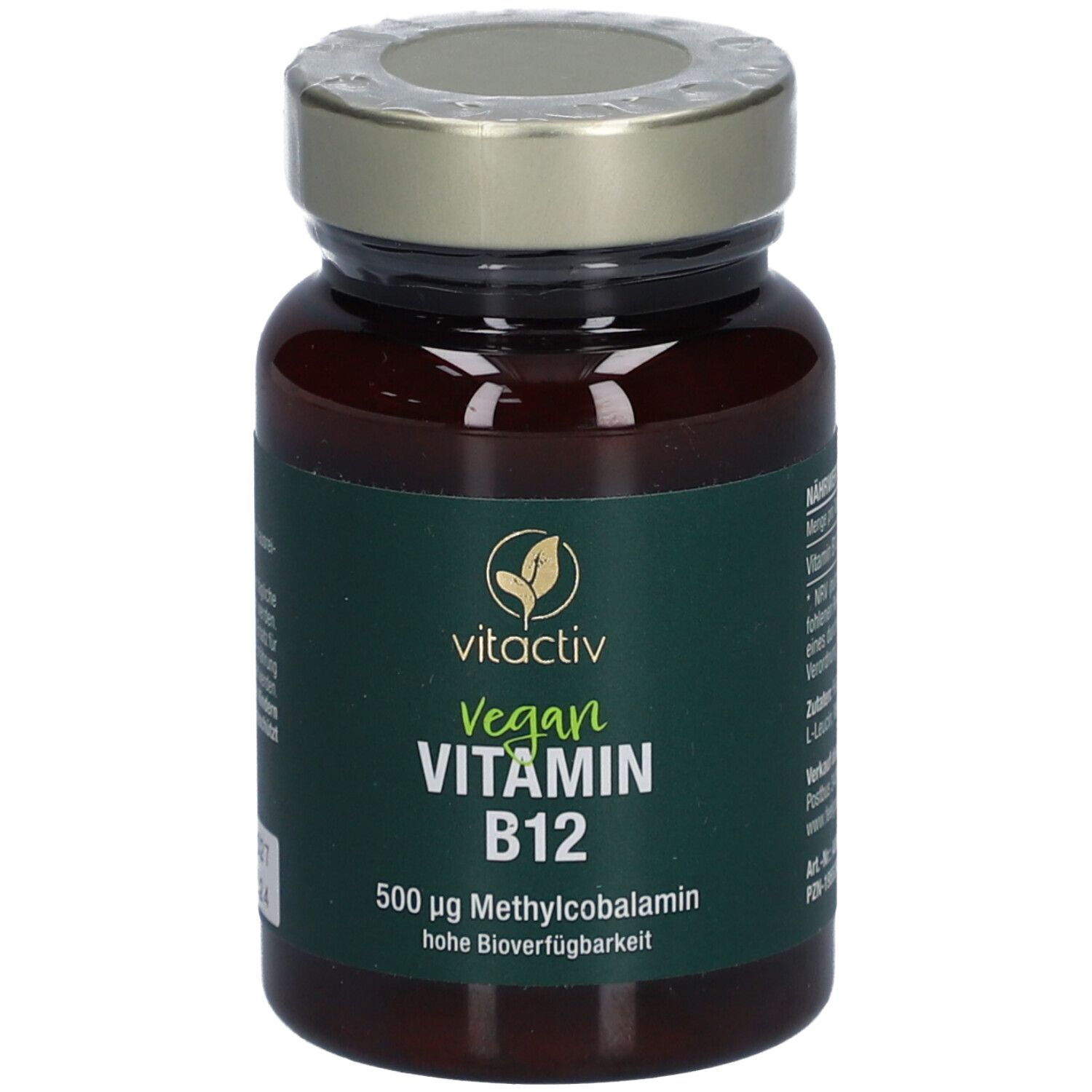Flacon en verre brun avec étiquette verte. Inscription : Vegan Vitamin B12, 500 µg Methylcobalamin.