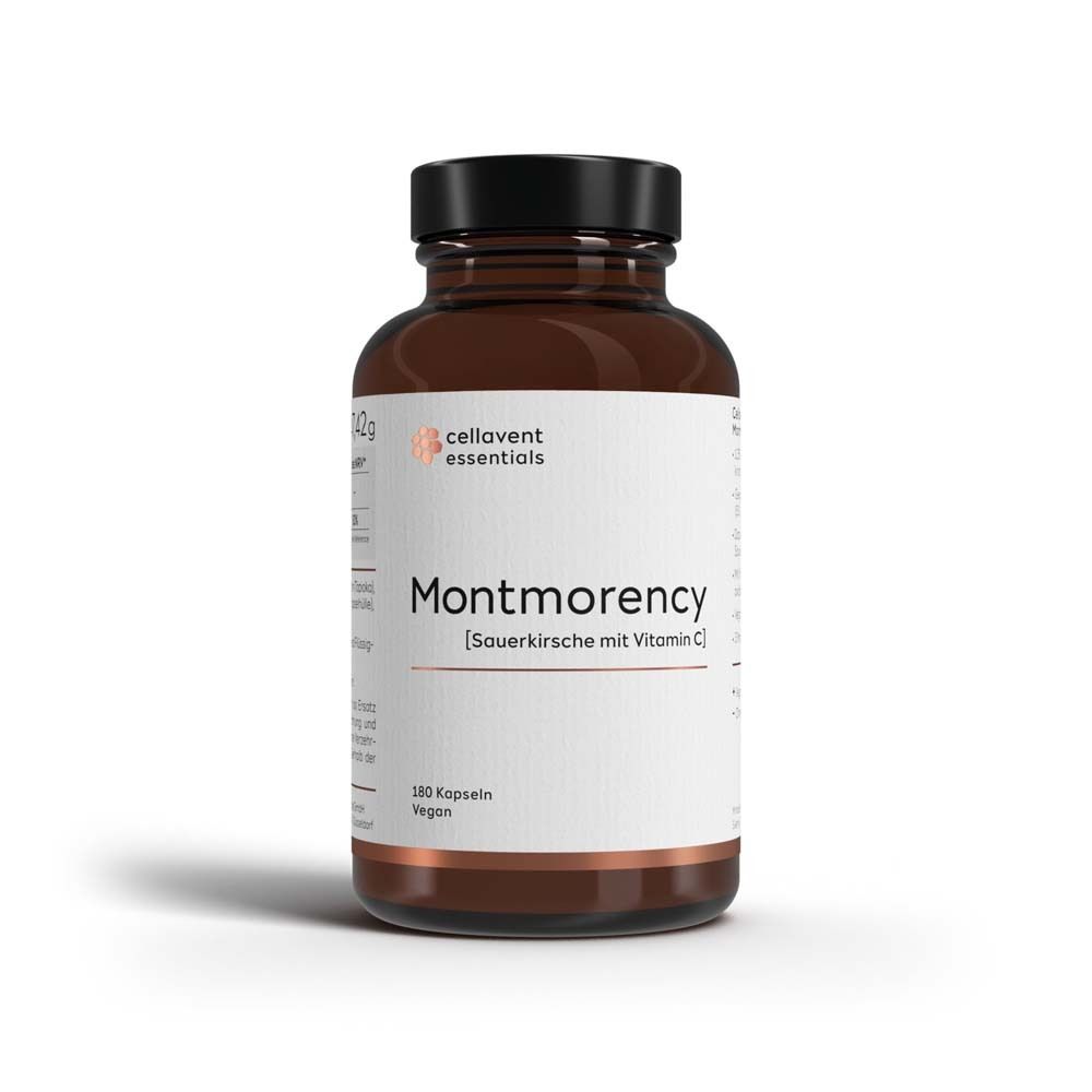 Flacon en verre brun avec bouchon noir. L'étiquette indique "Montmorency [Cerise Montmorency avec vitamine C]" et "Cellavent essentials".