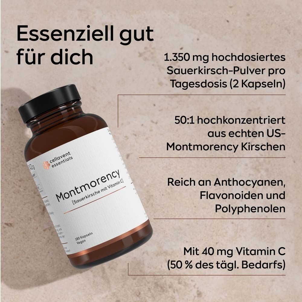 Flacon brun avec étiquette. Texte : "Montmorency [Cerise Montmorency avec vitamine C]" et informations. "Cellavent essentials".