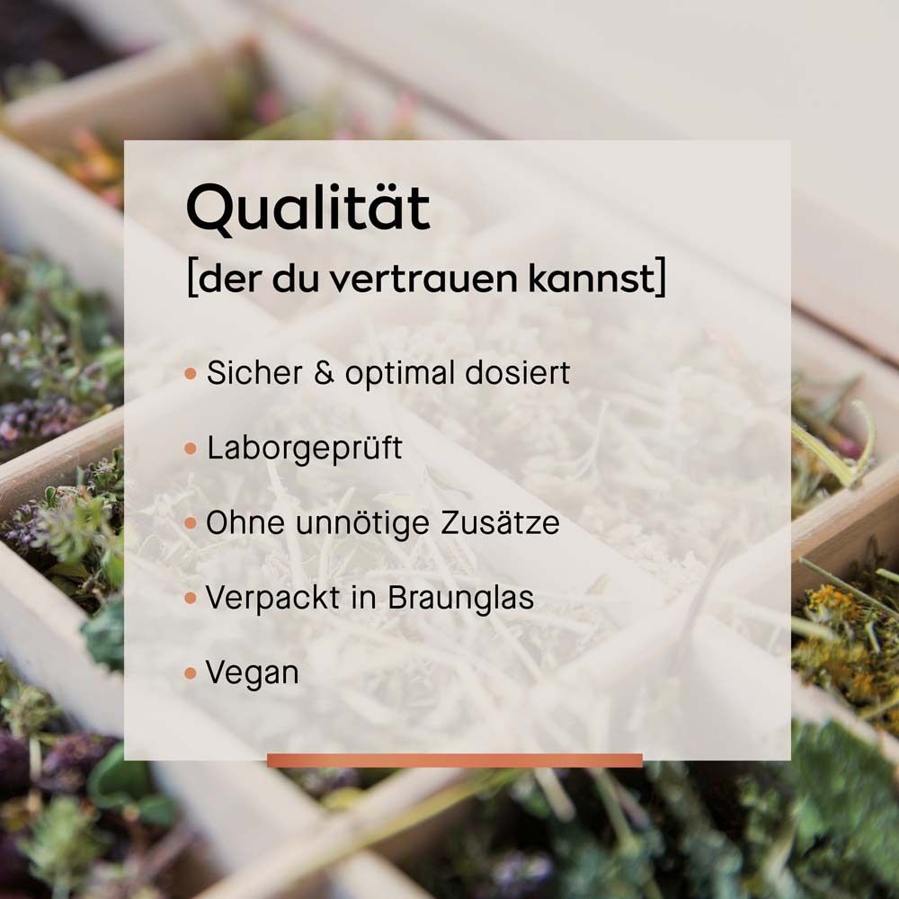 Texte sur la qualité. Dosage sûr et optimal, testé en laboratoire, sans additifs inutiles, emballé dans du verre brun, végétalien.