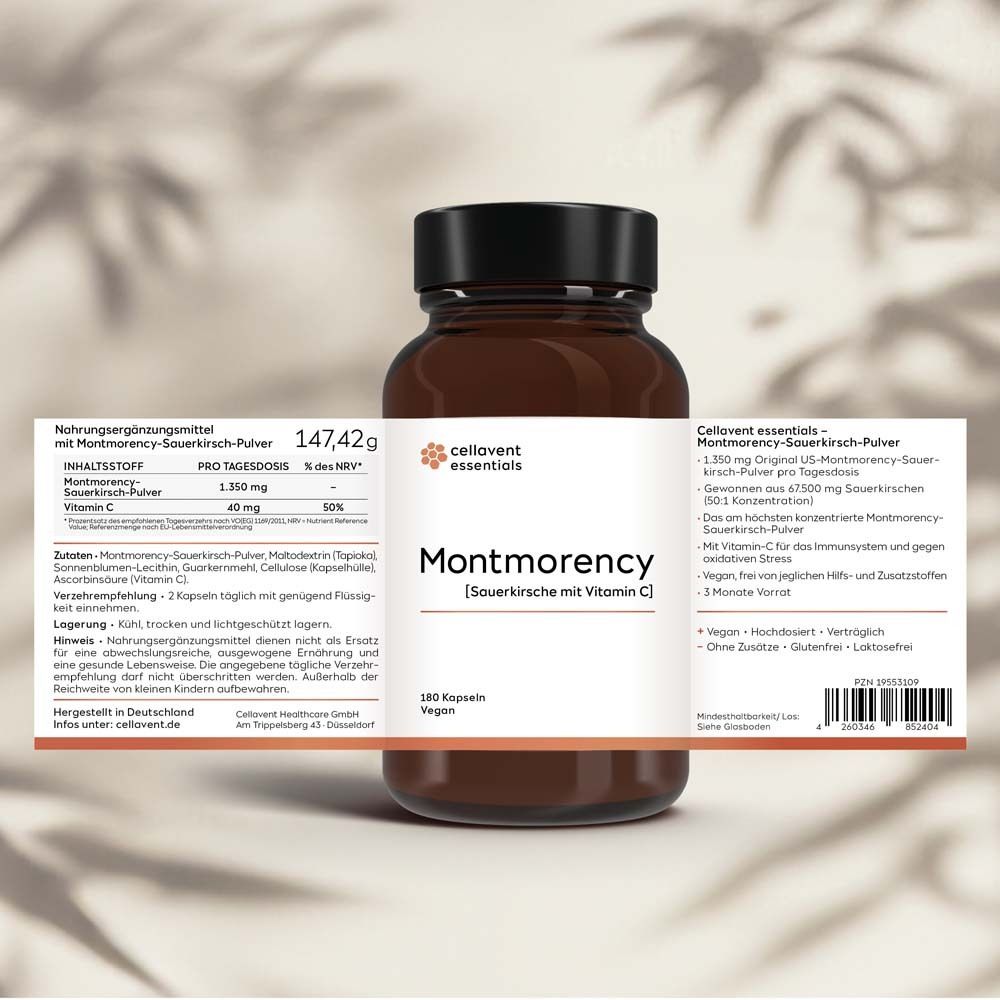 Flacon brun avec étiquette. Texte : "Montmorency [Cerise Montmorency avec vitamine C]" et informations nutritionnelles.