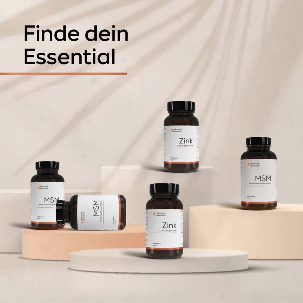 Plusieurs flacons. Texte : "Trouvez votre essentiel". Flacons avec étiquettes "Zinc" et "MSM".