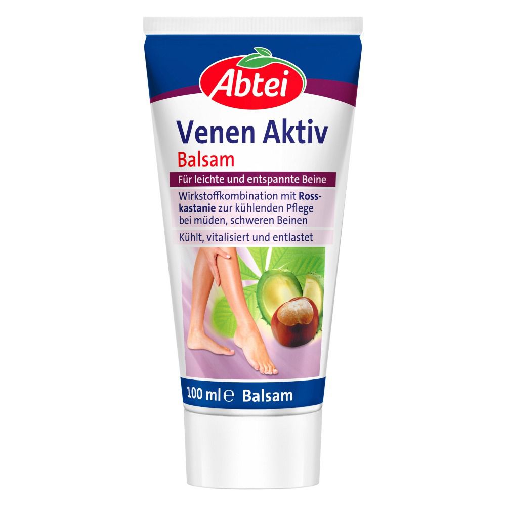Tube Abtei Venen Aktiv Balsam. Emballage bleu et blanc. Texte: Venen Aktiv Balsam, 100 ml.