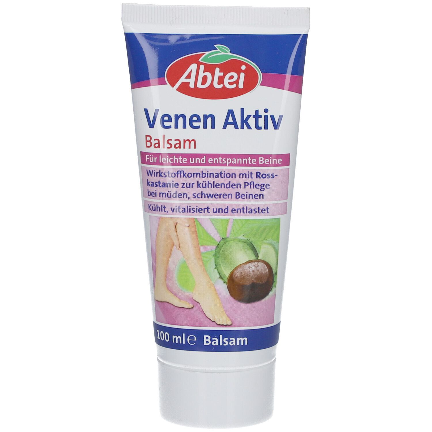Tube de baume Venen Aktiv. Inscription : Wirkstoffkombination, 100 ml. Illustration de jambes.