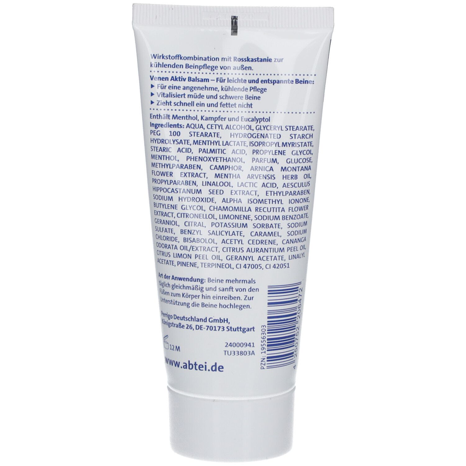 Dos du tube. Texte : Wirkstoffkombination, ingrédients, instructions d'utilisation, informations fabricant.