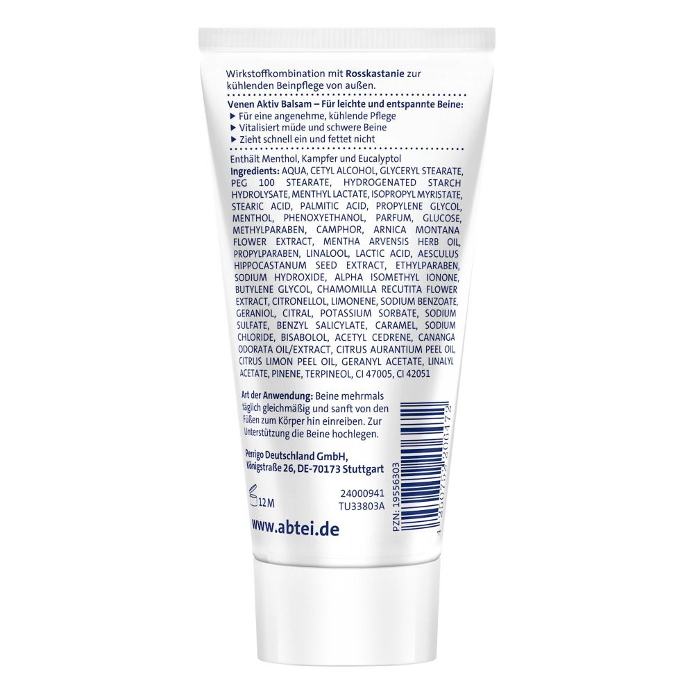 Dos du tube Abtei Venen Aktiv Balsam. Texte: Combinaison d'ingrédients actifs avec marron d'Inde, ingrédients, instructions d'utilisation.