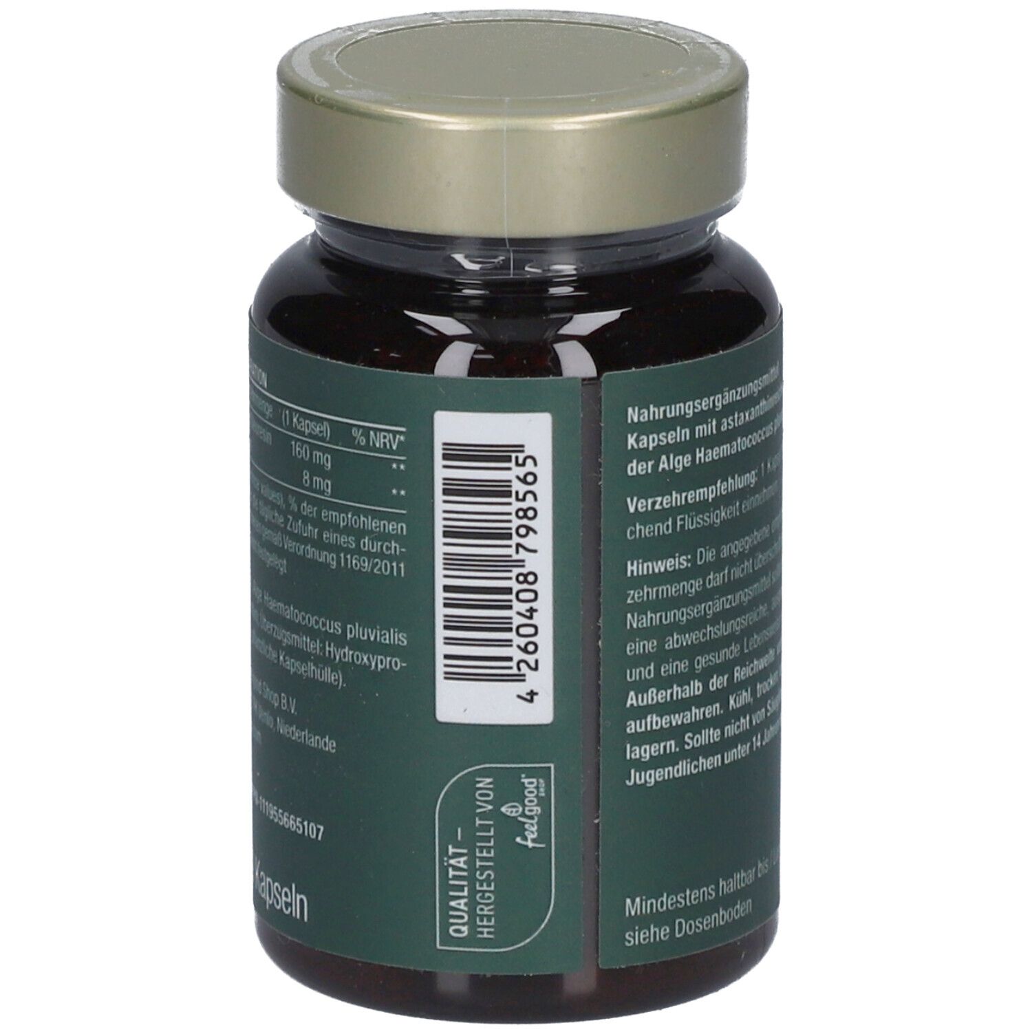 Braune Glasflasche mit grüner Banderole. Aufschrift: Vitactiv Vegan Astaxanthin 8 mg. Rückseite.