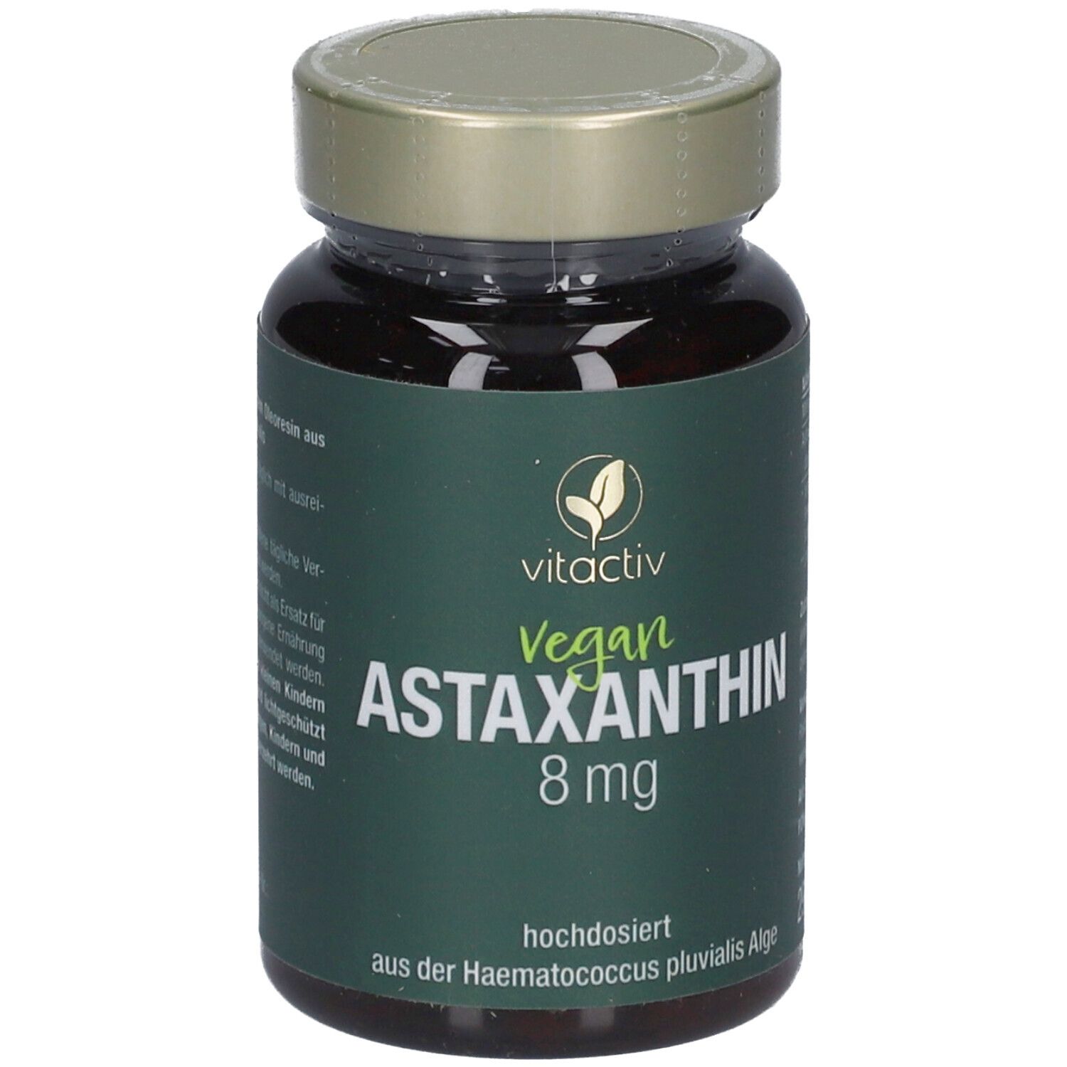 Braune Glasflasche mit grüner Banderole. Aufschrift: Vitactiv Vegan Astaxanthin 8 mg. Hochdosiert.