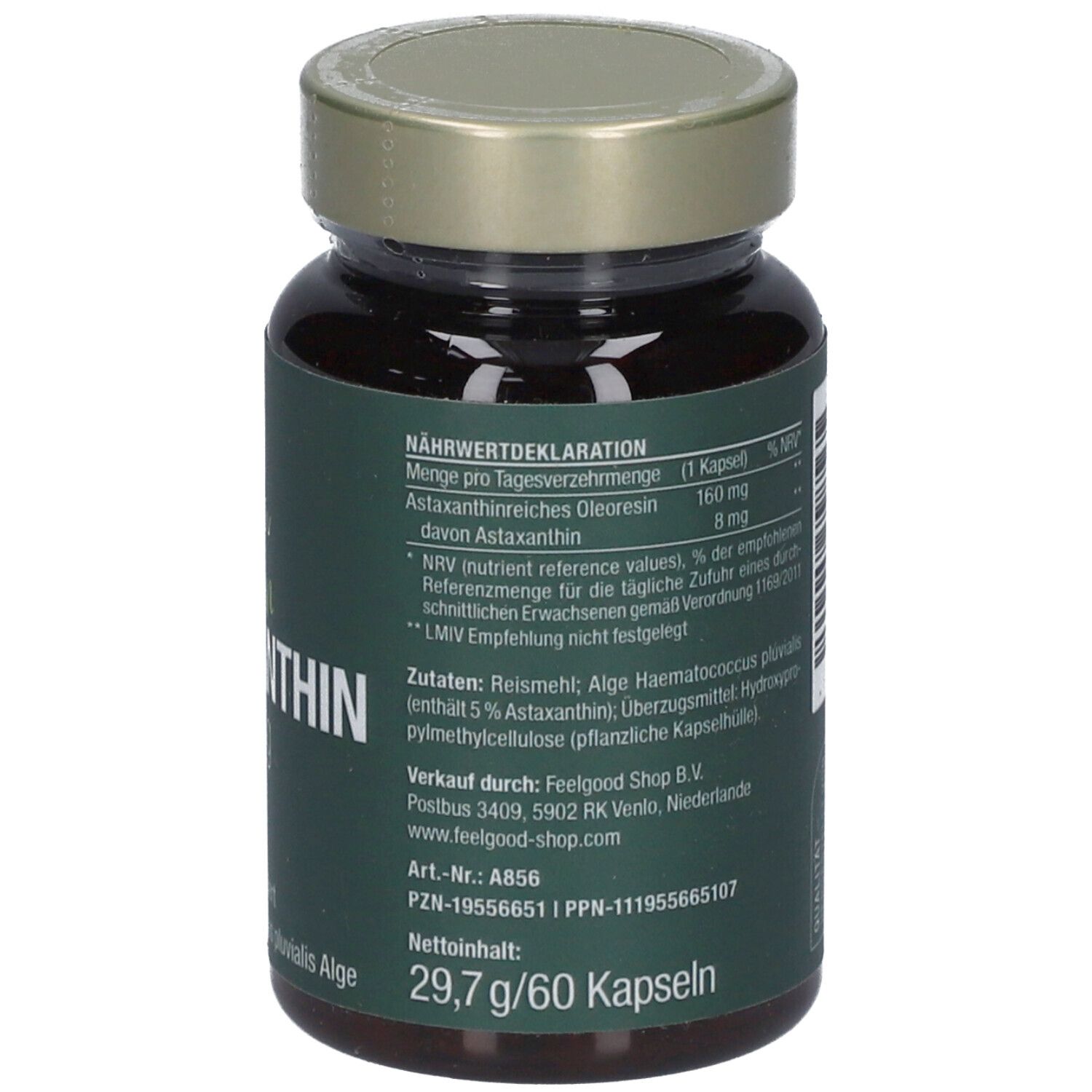 Braune Glasflasche mit grüner Banderole. Aufschrift: Vitactiv Vegan Astaxanthin 8 mg. Nährwertdeklaration.