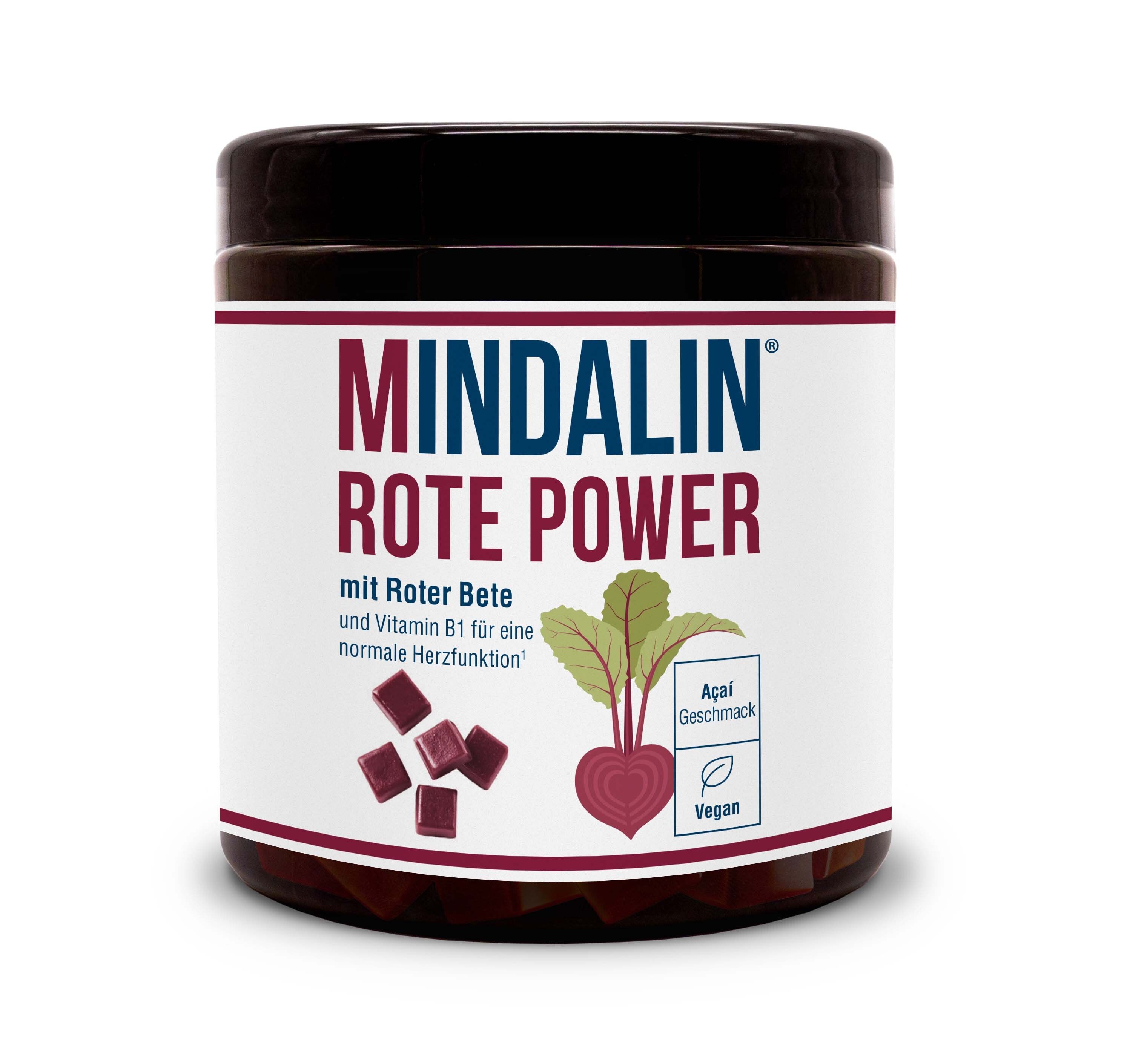 Boîte marron avec étiquette blanche. Inscription : MINDALIN ROTE POWER. Illustration de betteraves et de cubes. Label végétalien.