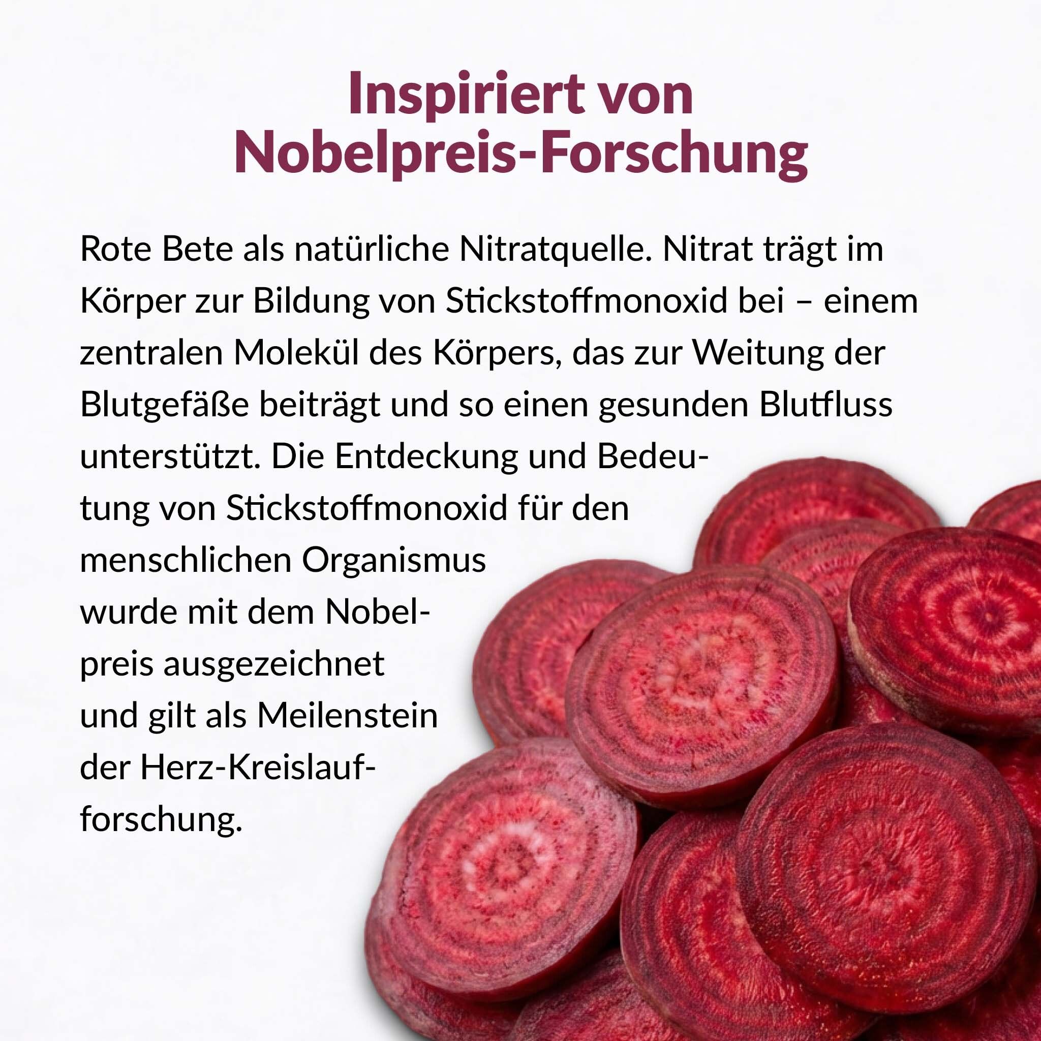 Gros plan de betteraves rouges coupées. Texte sur la recherche du prix Nobel et l'importance de l'oxyde nitrique.
