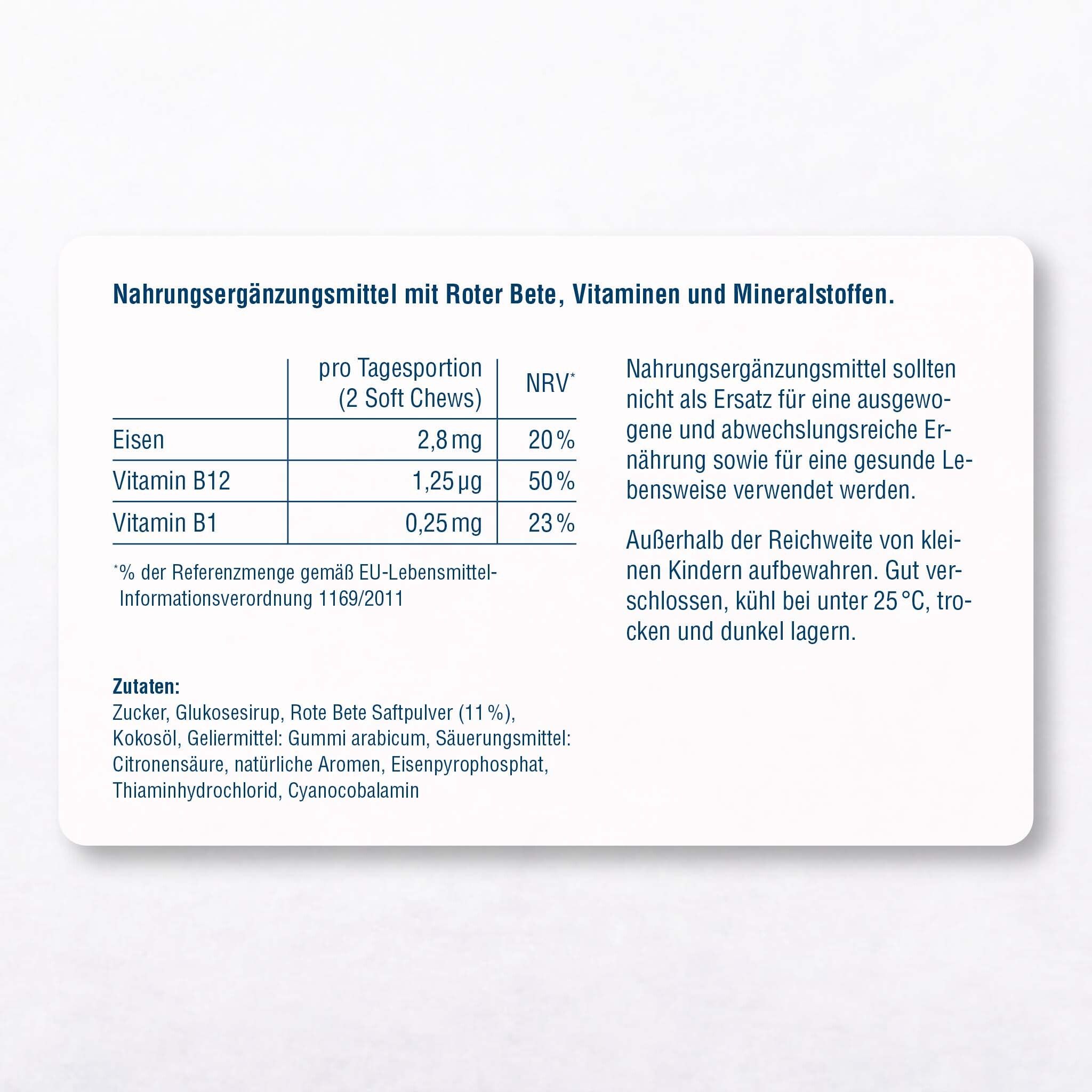 Carte blanche avec informations nutritionnelles. Texte : Fer, vitamine B12, vitamine B1. Liste des ingrédients et conseils de conservation.