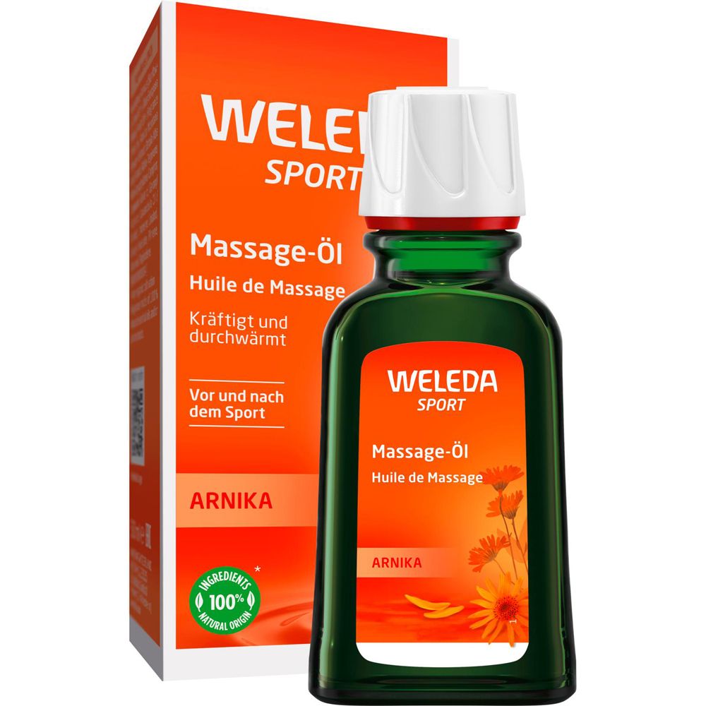 Grüne Glasflasche mit weißem Deckel und orangefarbener Verpackung. Aufschrift: Weleda Sport Massage-Öl Arnika.
