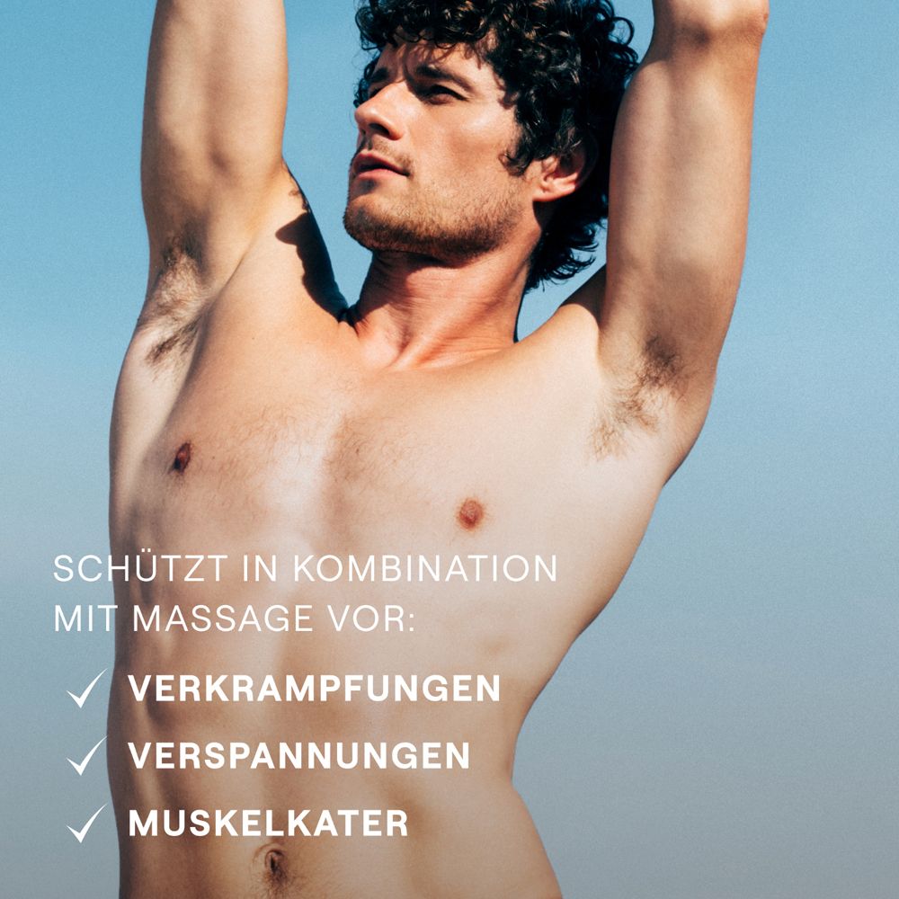 Mann mit freiem Oberkörper. Text: Schützt vor Verkrampfungen, Verspannungen und Muskelkater.