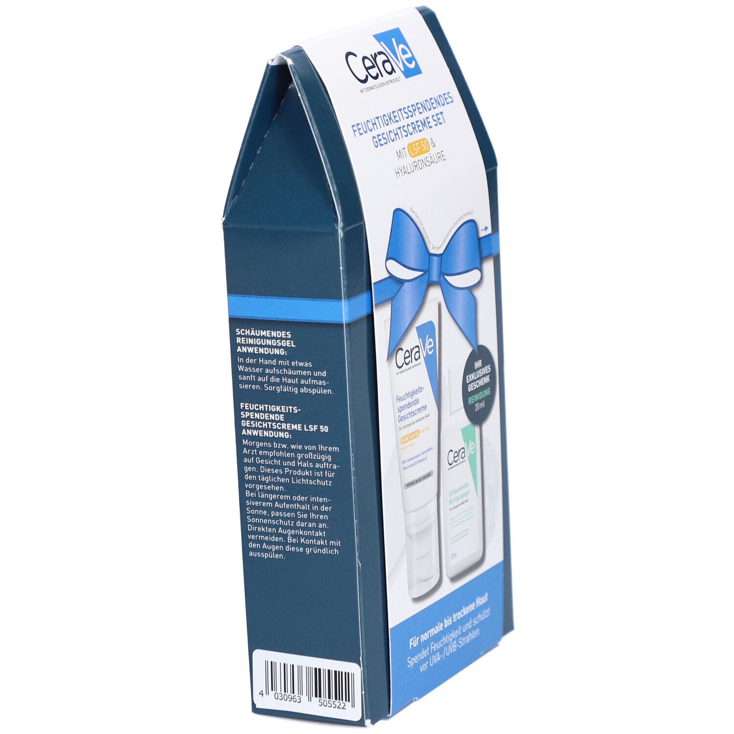 Coffret CeraVe. Vue latérale de l'emballage avec informations sur le produit et ingrédients.