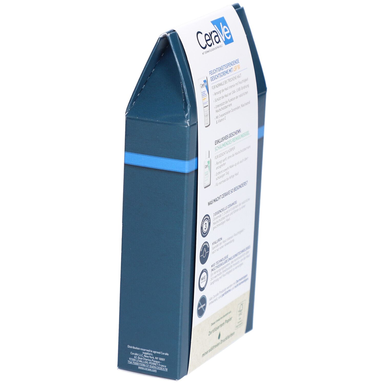 Vue latérale du coffret CeraVe. Emballage avec informations sur le produit et certifications.