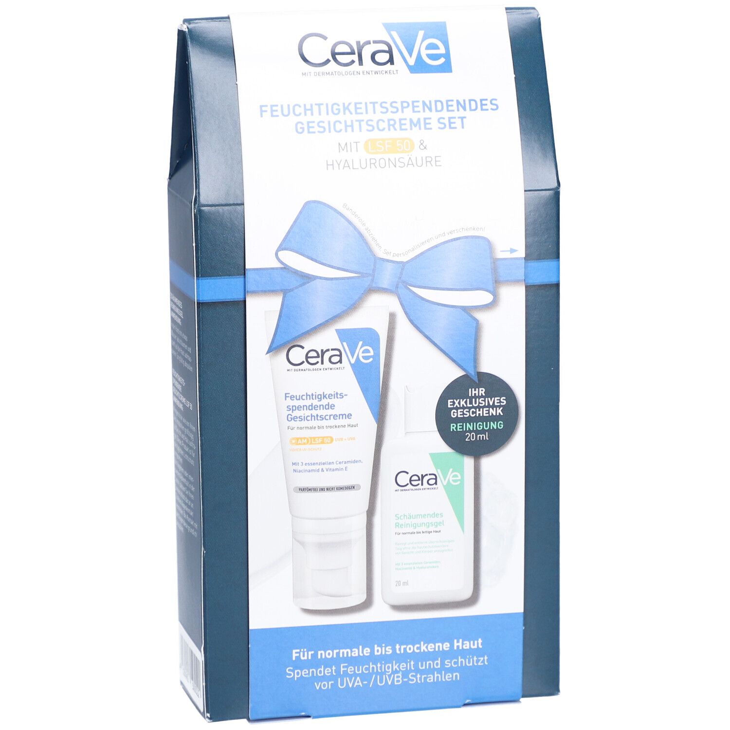 Coffret CeraVe. Crème visage SPF 50 et gel nettoyant. Emballage avec ruban et nœud bleus.