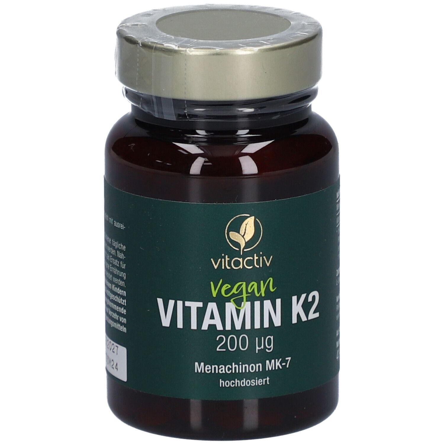 Flacon en verre brun avec couvercle doré. Étiquette avec 'vitactiv Vegan Vitamin K2 200 µg'.