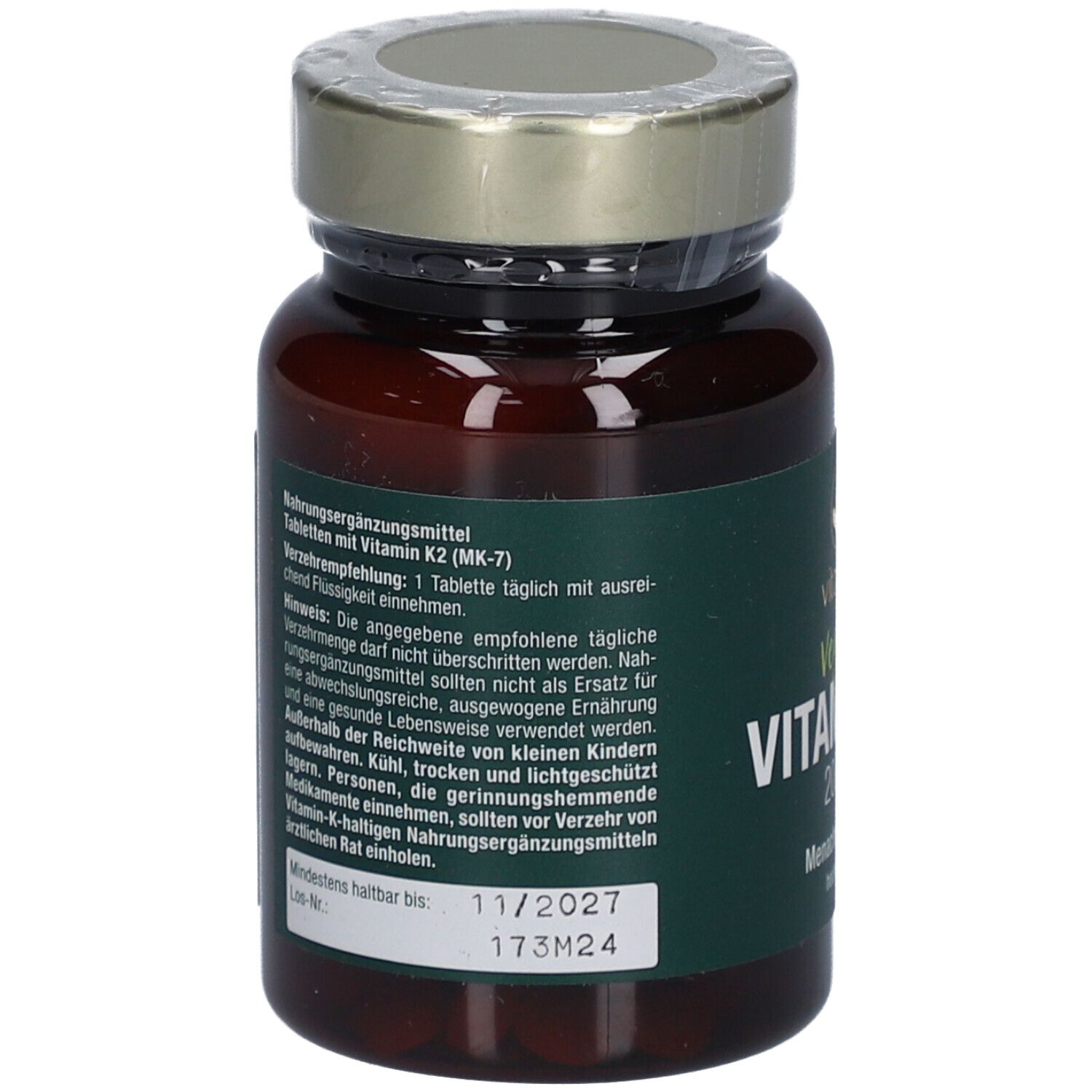 Flacon en verre brun avec couvercle doré. Dos avec texte. 'Vitamin K2 (MK-7)'
