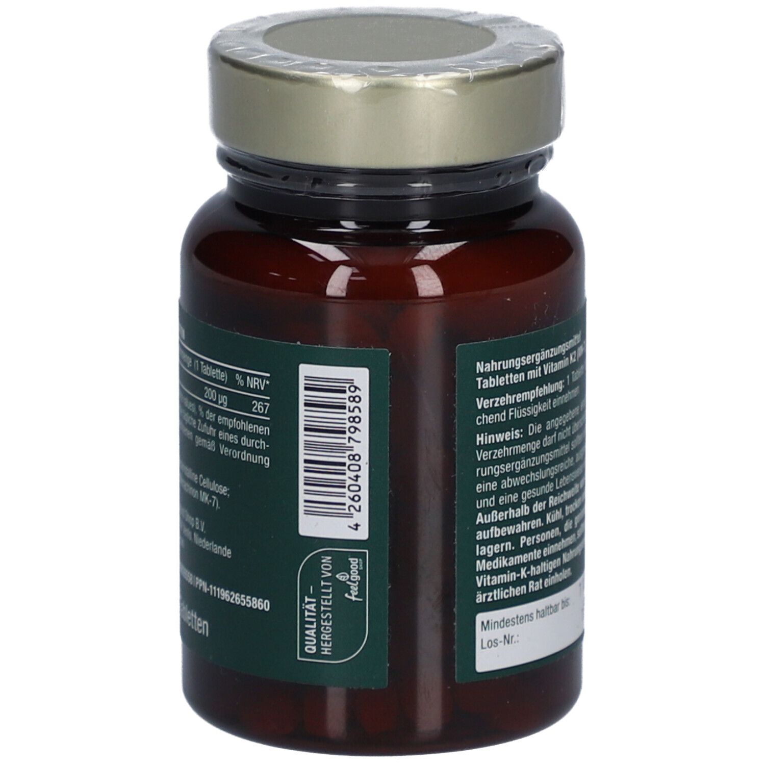 Flacon en verre brun avec couvercle doré. Dos avec texte et code-barres.