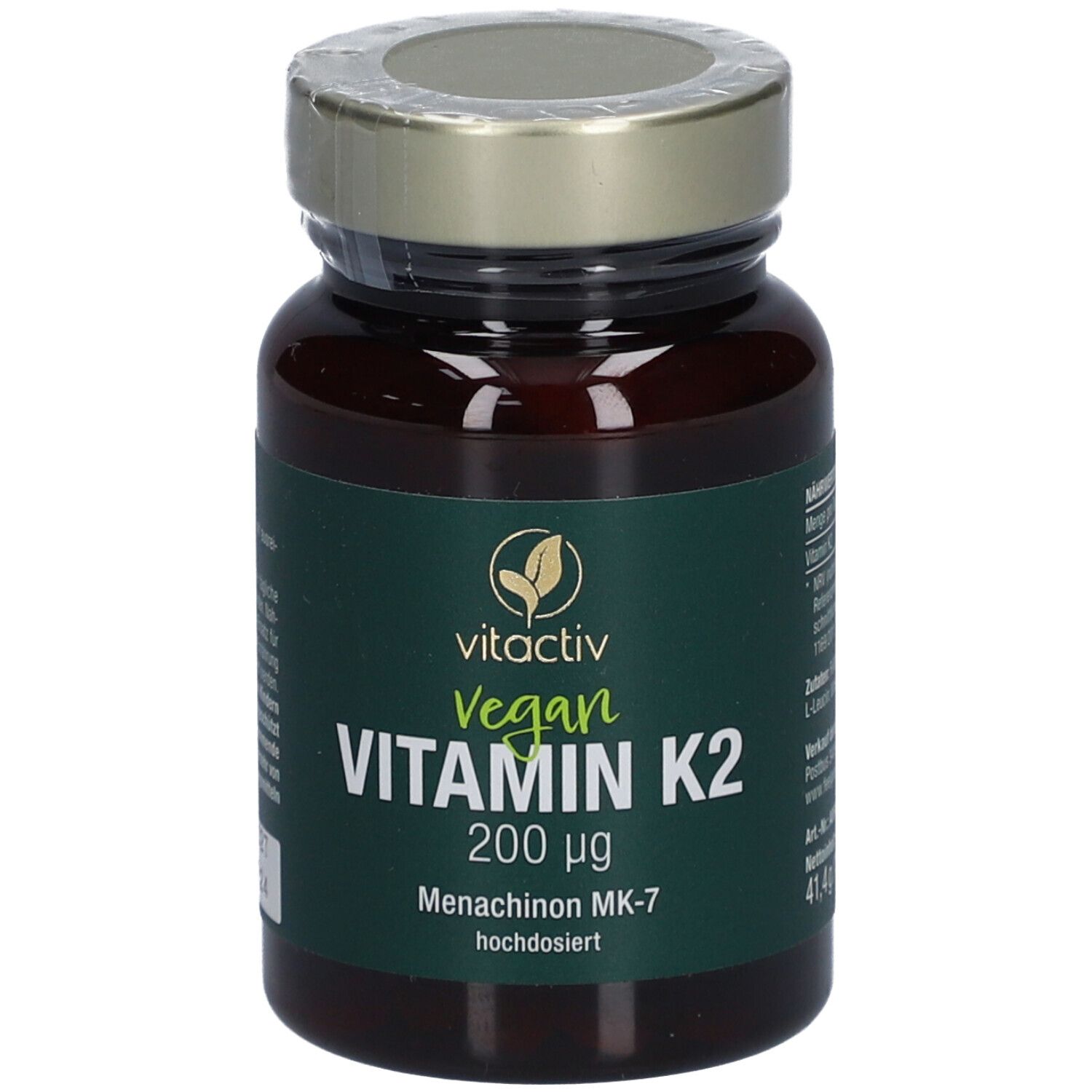 Flacon en verre brun avec couvercle doré. Étiquette avec 'vitactiv Vegan Vitamin K2 200 µg'.