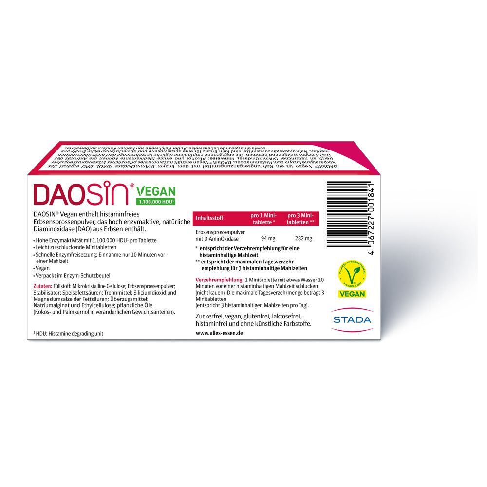 Rückseite der DAOSIN® Vegan-Schachtel. Enthält Informationen zu Inhaltsstoffen und Verzehrempfehlung. Vegan-Siegel.