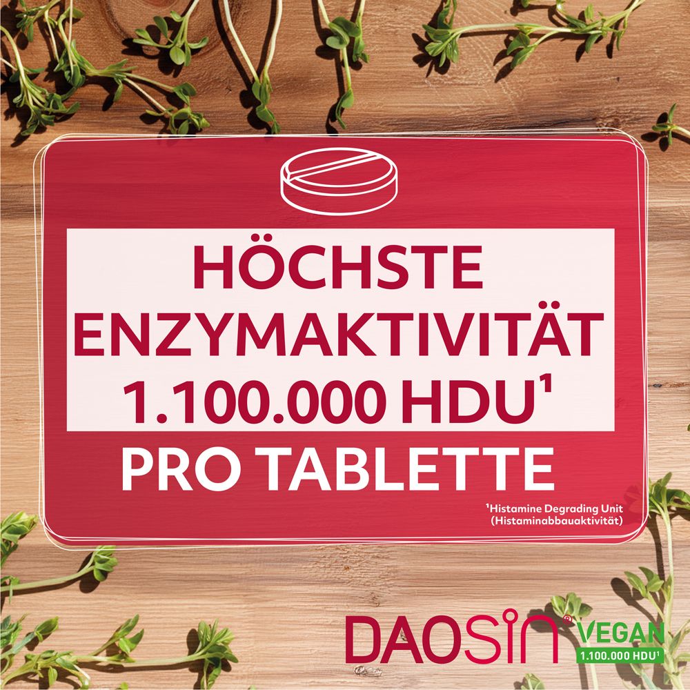 Rotes Schild mit Text: Höchste Enzymaktivität 1.100.000 HDU pro Tablette. DAOSIN® Vegan Logo.