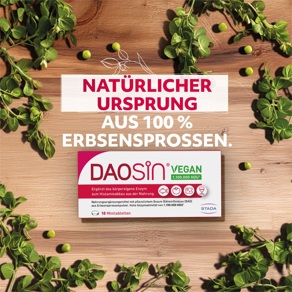DAOSIN® Vegan-Schachtel mit Kräutern und Erbsen. Text: Natürlicher Ursprung aus 100% Erbsensprossen.