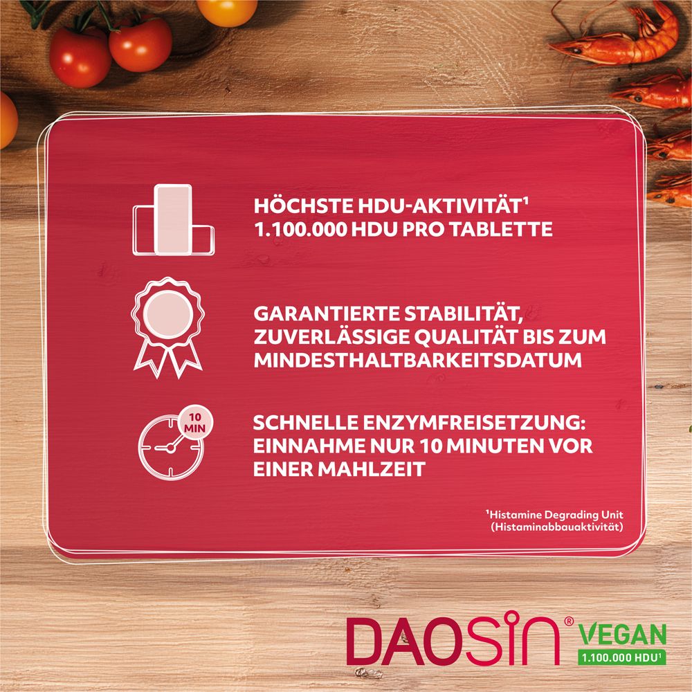 Rote Tafel mit Text: Höchste HDU-Aktivität, garantierte Qualität, schnelle Enzymfreisetzung. DAOSIN® Vegan Logo.