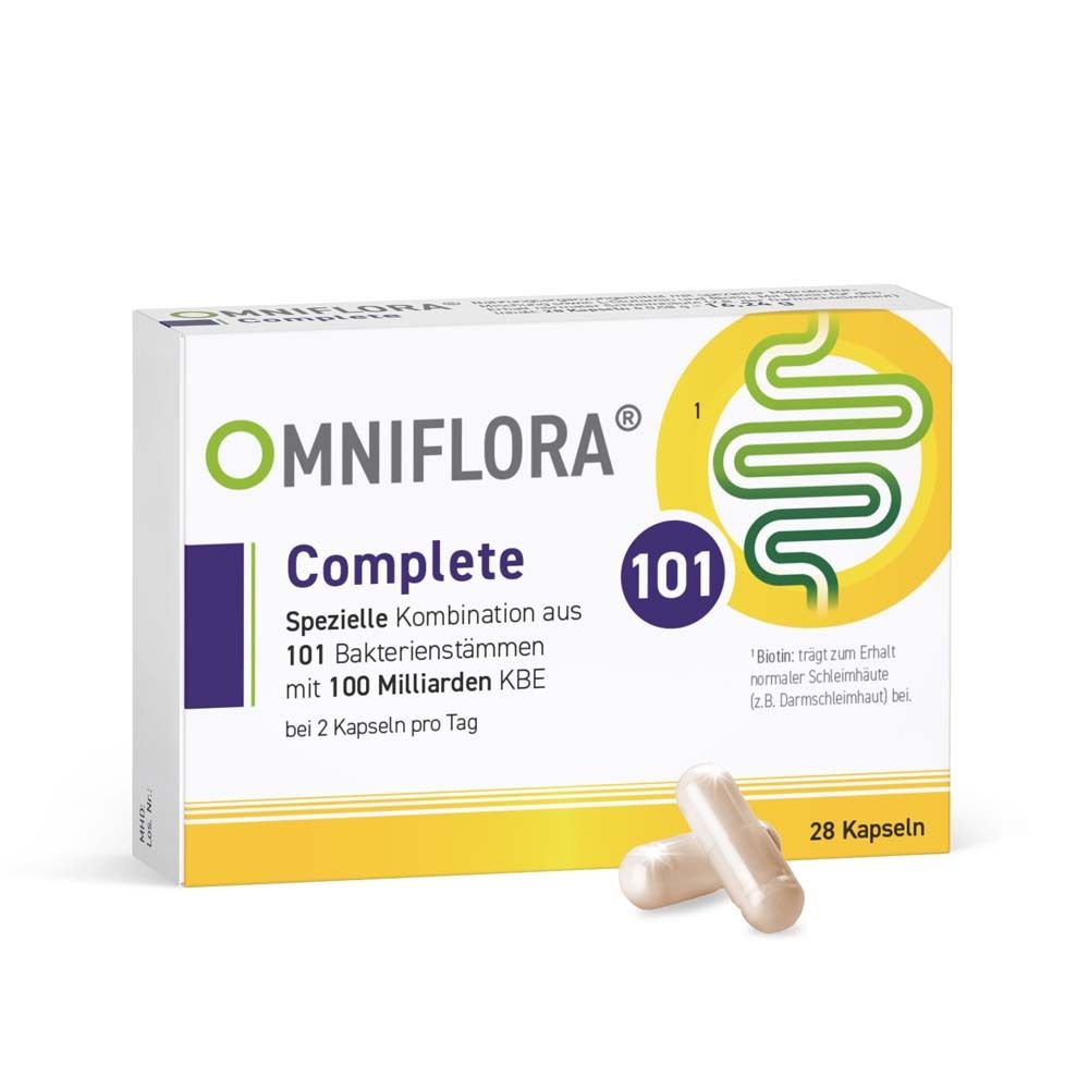 Boîte OMNIFLORA Complete avec 28 gélules. Inscription : 101 souches bactériennes, 100 milliards d'UFC.