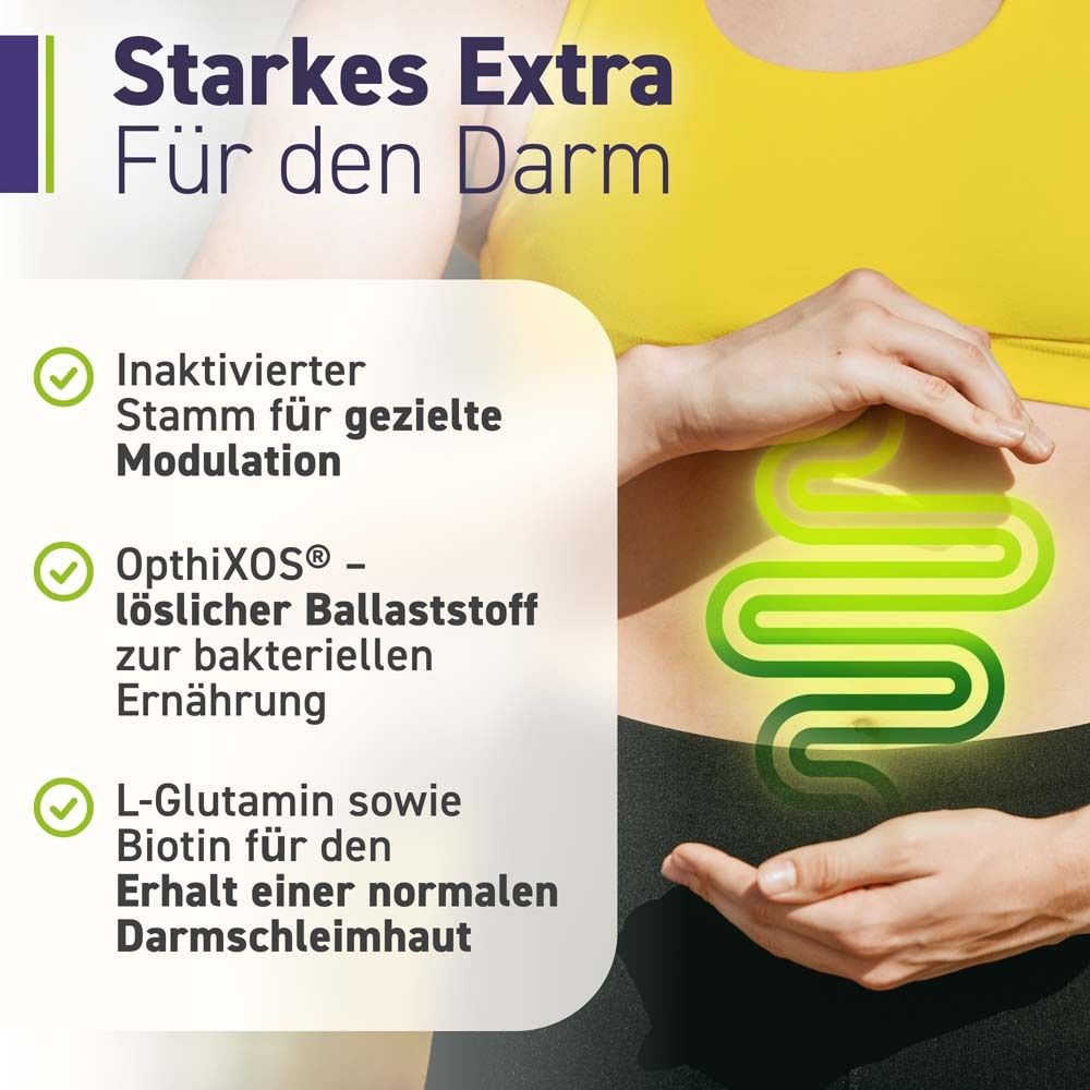 Graphique avec texte : Extra fort pour l'intestin. Modulation inactivée, OptiXOS, L-Glutamine, Biotine.