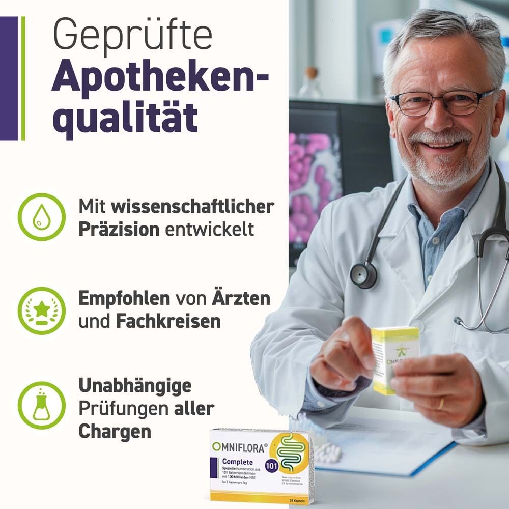 Médecin tenant OMNIFLORA Complete. Texte : Qualité pharmaceutique contrôlée. Recommandé par les médecins et les professionnels.
