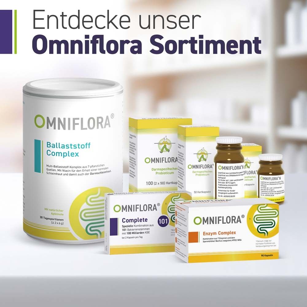 Gamme OMNIFLORA. Produits : Ballaststoff Complex, Complete, Enzym Complex, autres flacons et emballages.