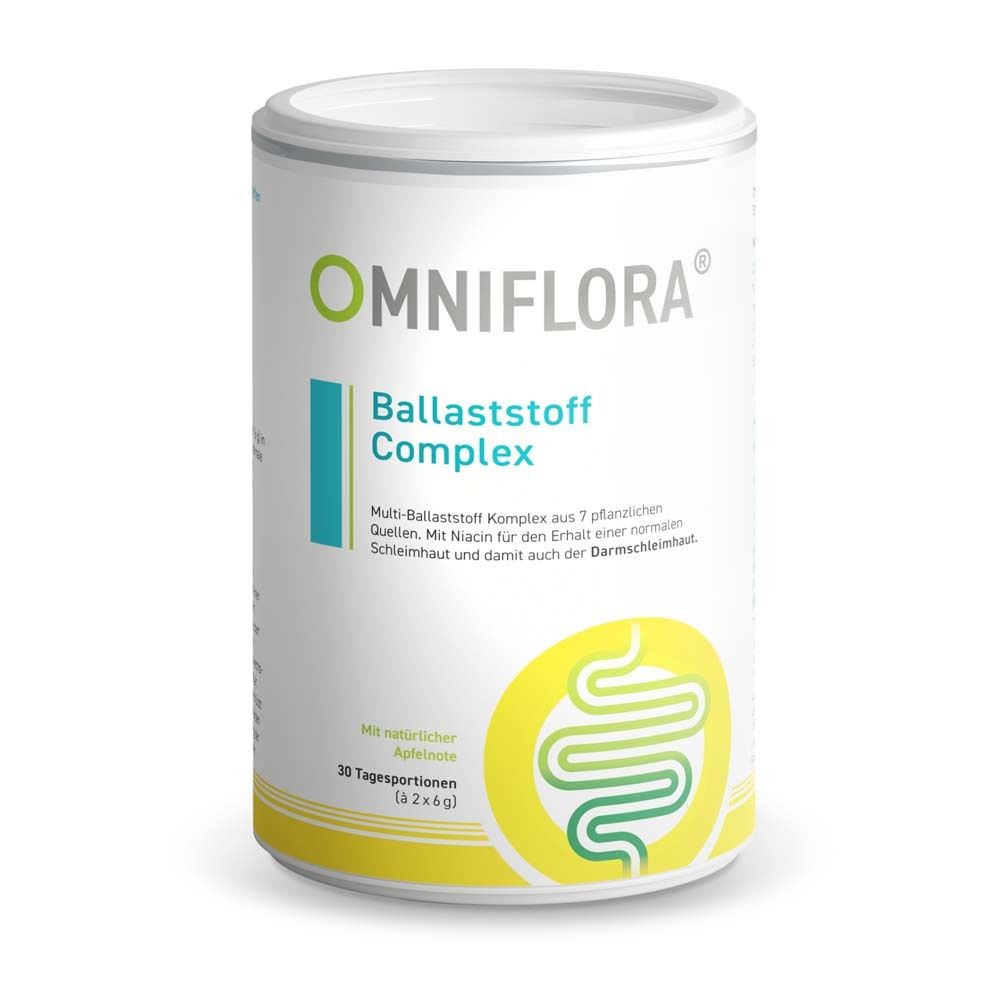 Zylindrische Dose mit OMNIFLORA® Ballaststoff Complex. Aufschrift und Darm-Symbol. Weißer Deckel.
