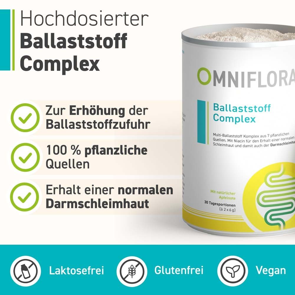 Werbetafel mit OMNIFLORA® Ballaststoff Complex. Text: Hochdosierter Ballaststoff Complex. Logos: laktosefrei, glutenfrei, vegan.